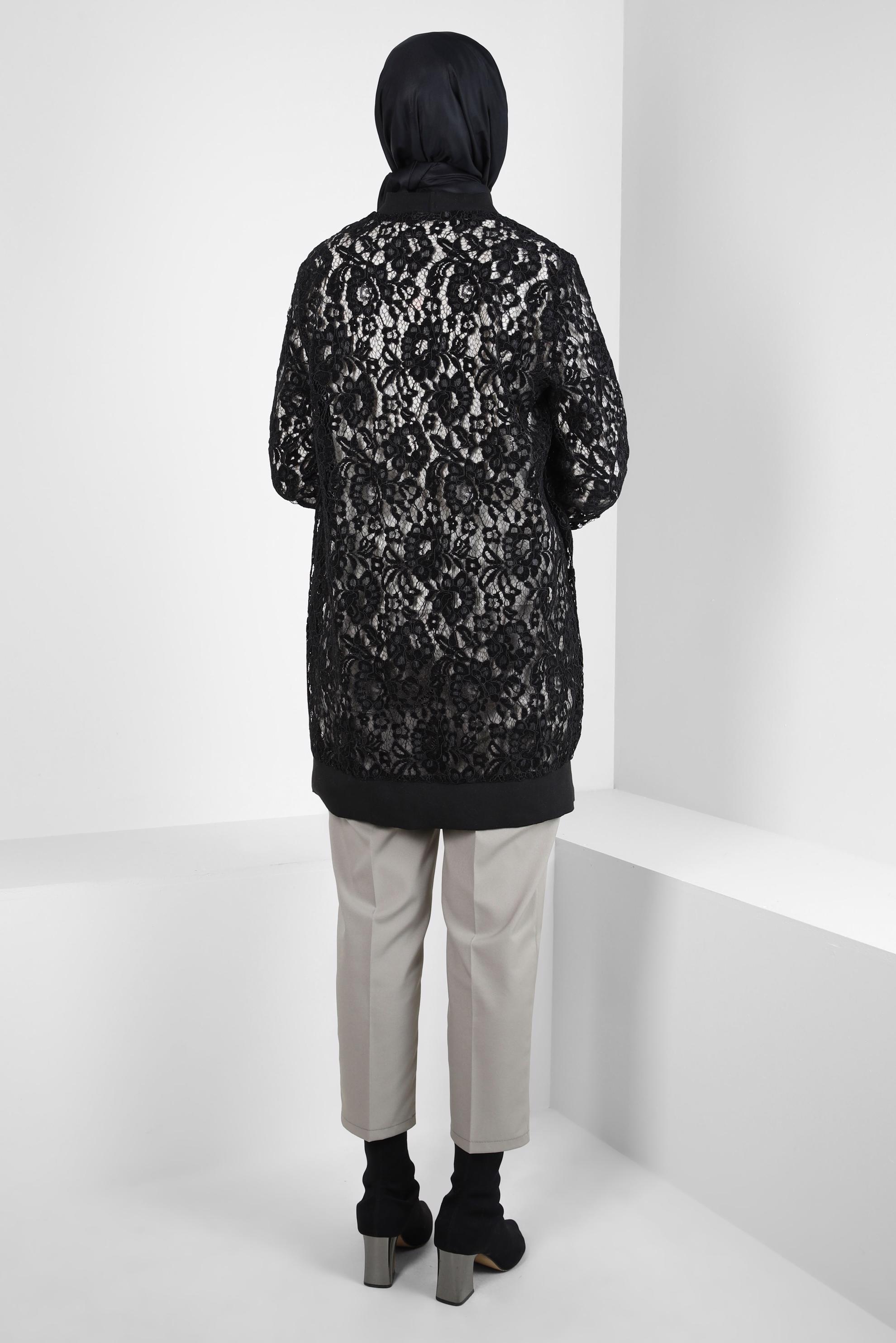 Tesettür giyim SİYAH GÜPÜR İŞLEMELİ HIRKA 44308