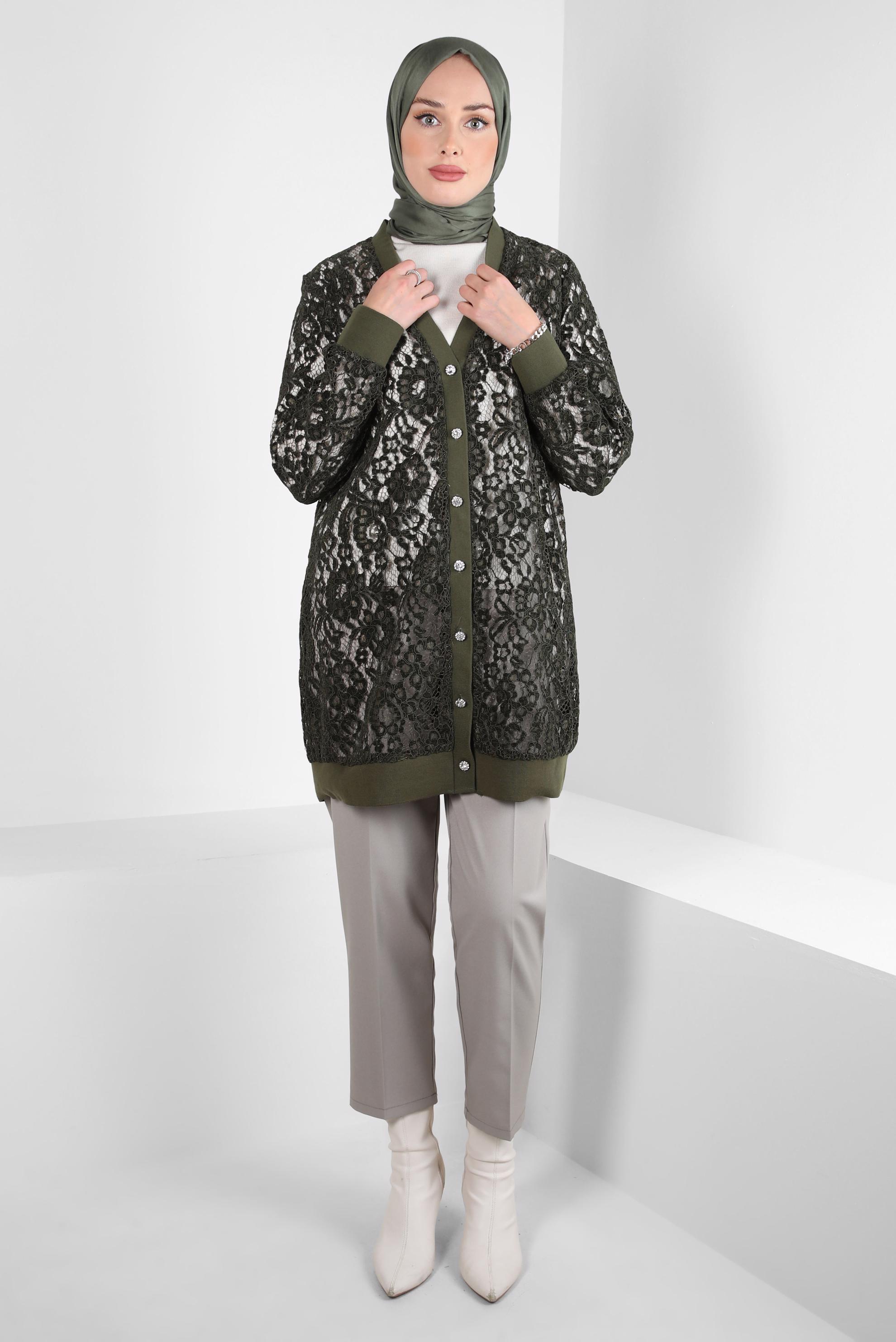 Tesettür giyim HAKİ GÜPÜR İŞLEMELİ HIRKA 44308