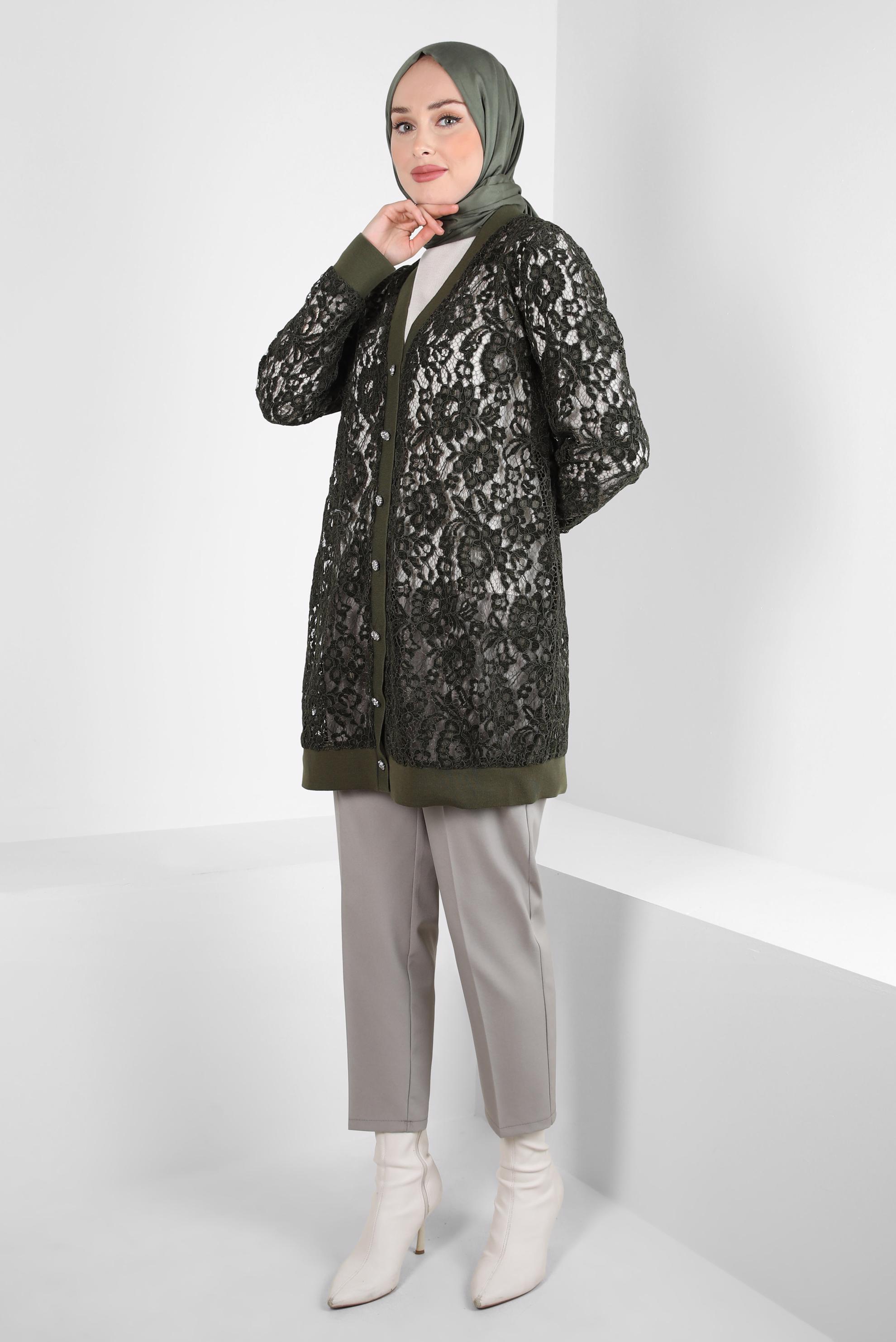 Tesettür giyim HAKİ GÜPÜR İŞLEMELİ HIRKA 44308