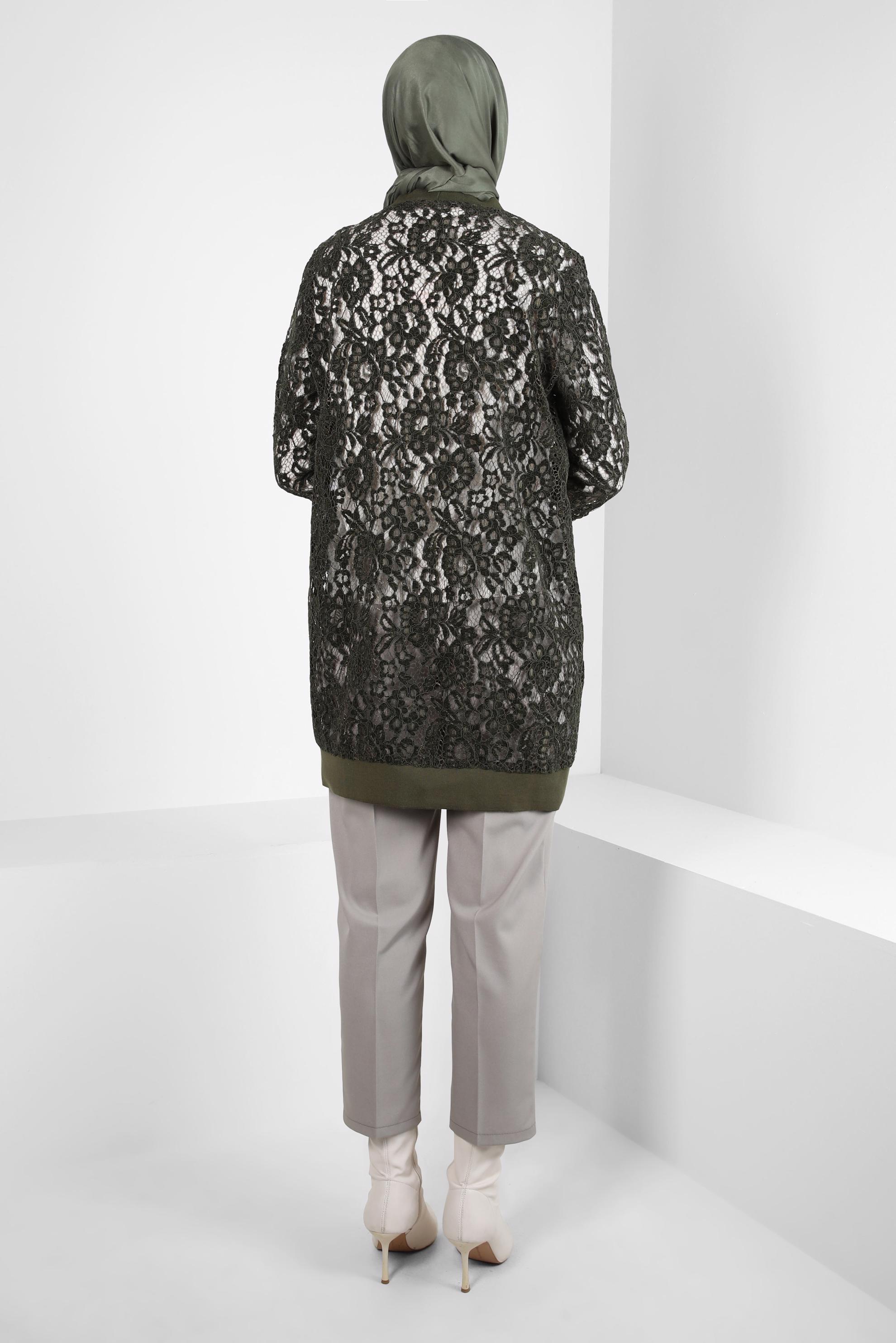 Tesettür giyim HAKİ GÜPÜR İŞLEMELİ HIRKA 44308