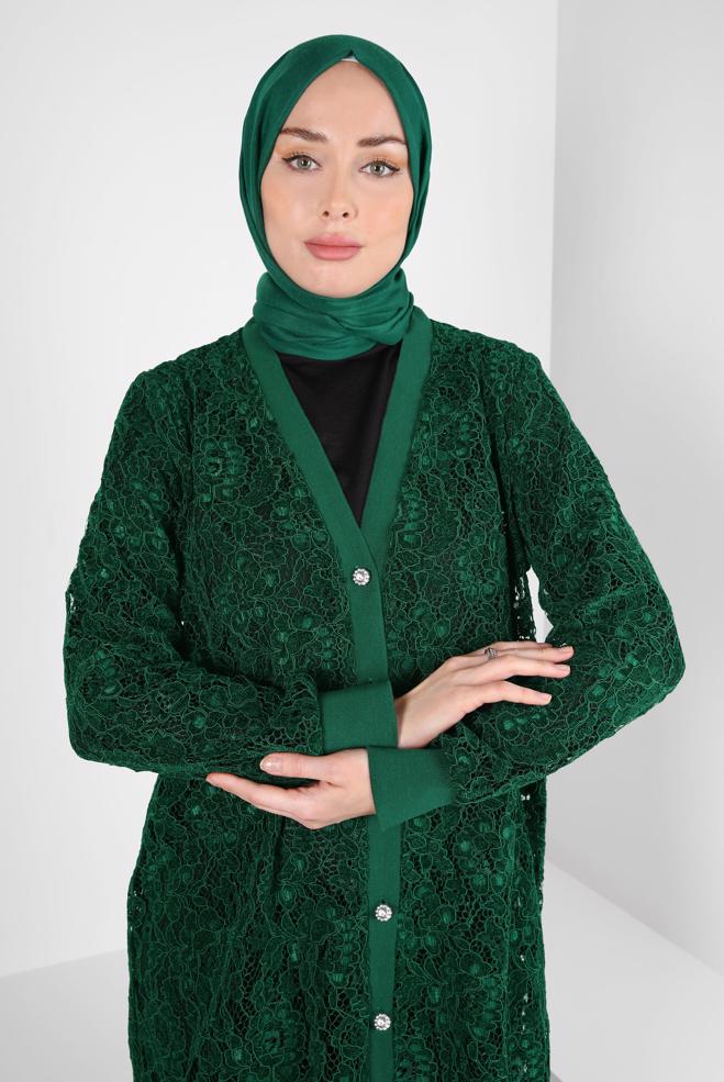 Vêtements hijab VERT CARDIGAN GUIPURÉ 44308 - ALVİNA