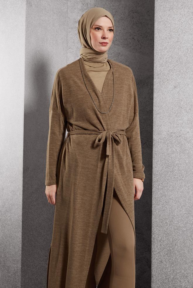 Vêtements hijab BRUN CARDIGAN CEINTURE 44337 - ALVİNA