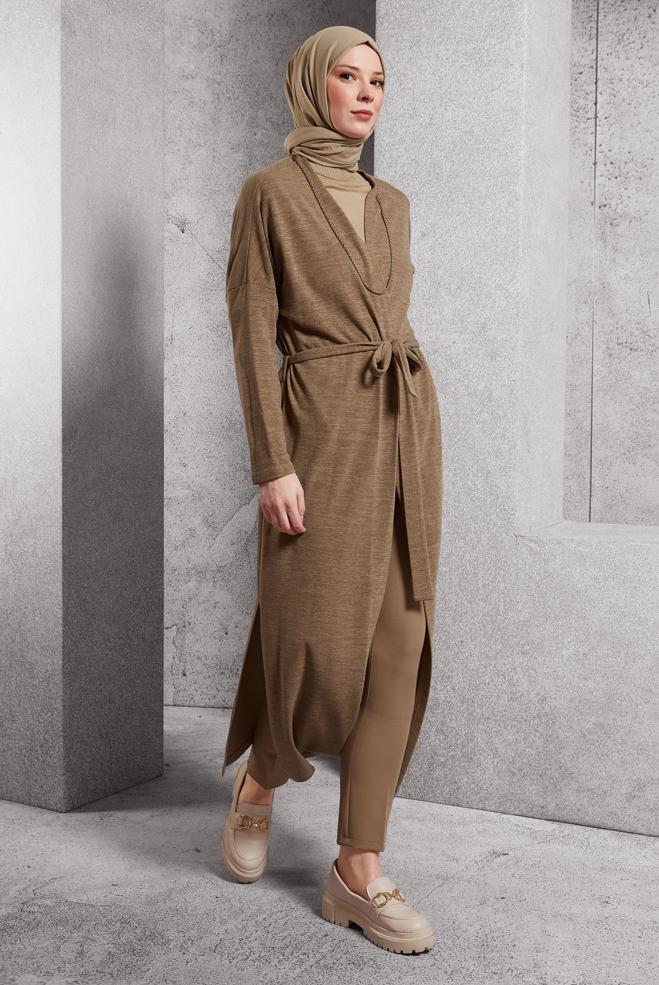 Vêtements hijab BRUN CARDIGAN CEINTURE 44337 - ALVİNA