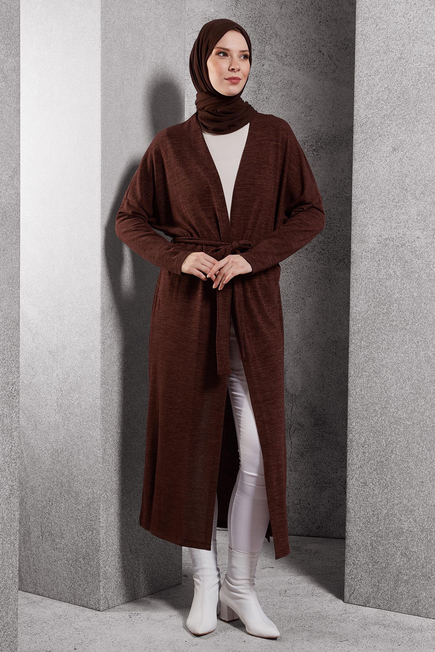 Tesettür giyim TURUNCU KUŞAKLI DÜZ HIRKA 44337