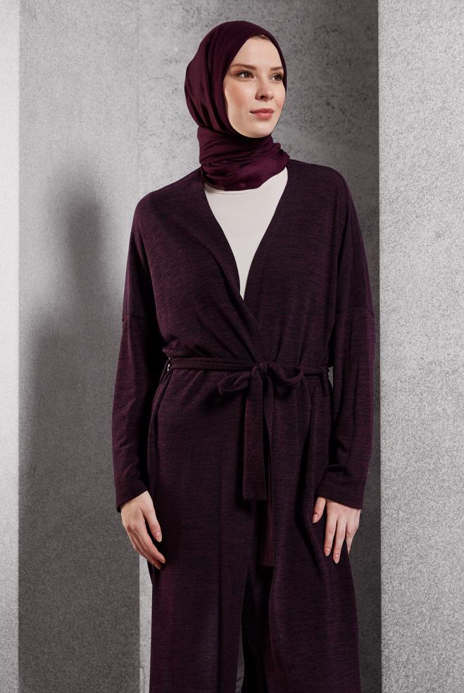 Vêtements hijab PRUNE CARDIGAN CEINTURE 44337 - ALVİNA