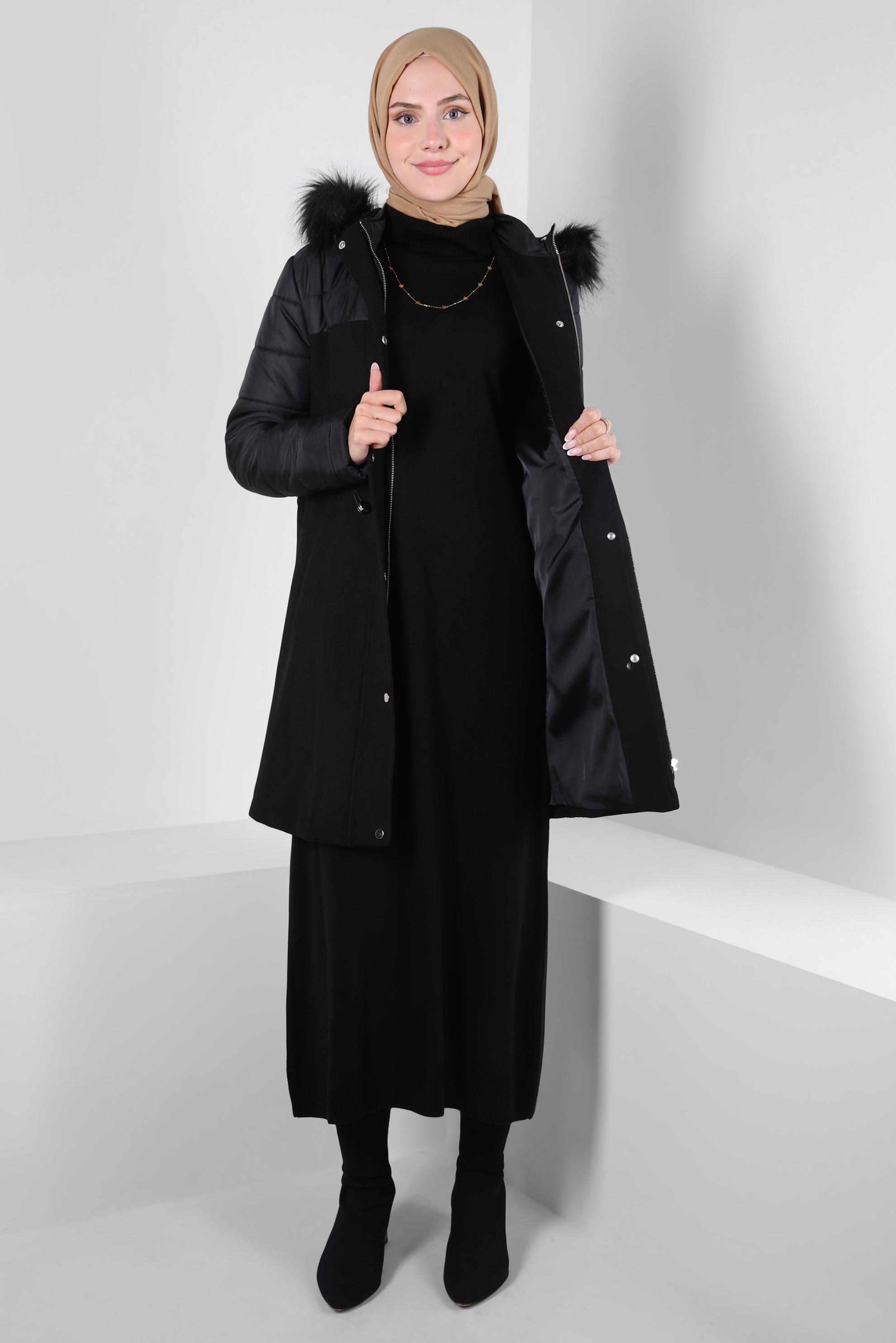 Tesettür giyim SİYAH KAPÜŞONLU KABAN 90244