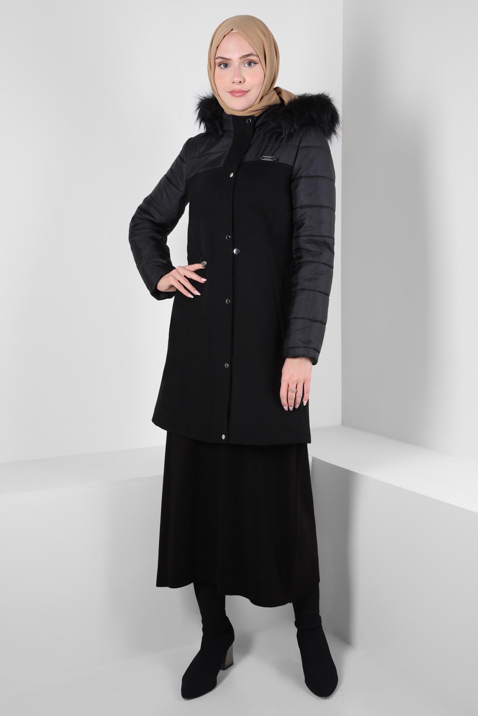 Tesettür giyim SİYAH KAPÜŞONLU KABAN 90244