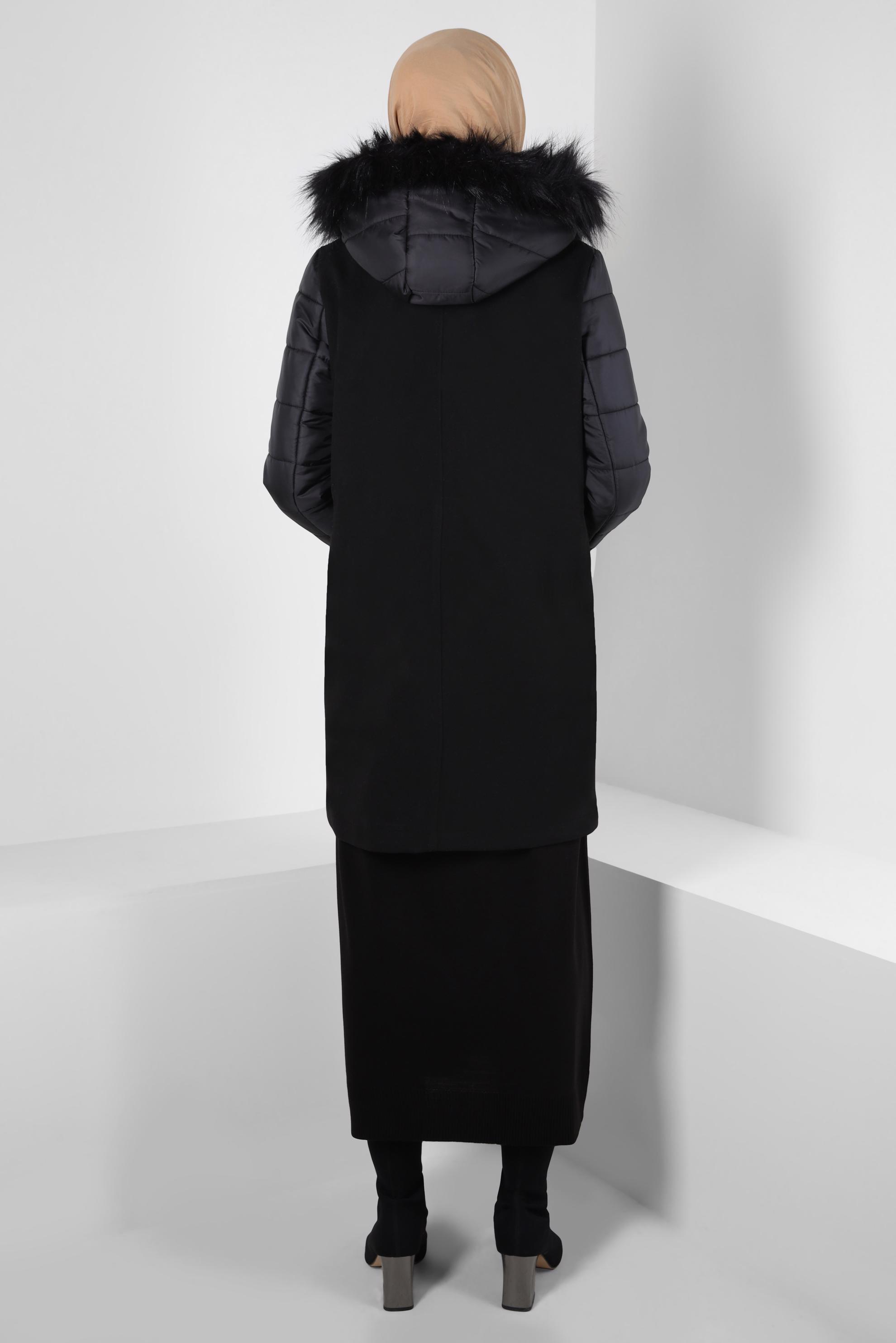 Tesettür giyim SİYAH KAPÜŞONLU KABAN 90244