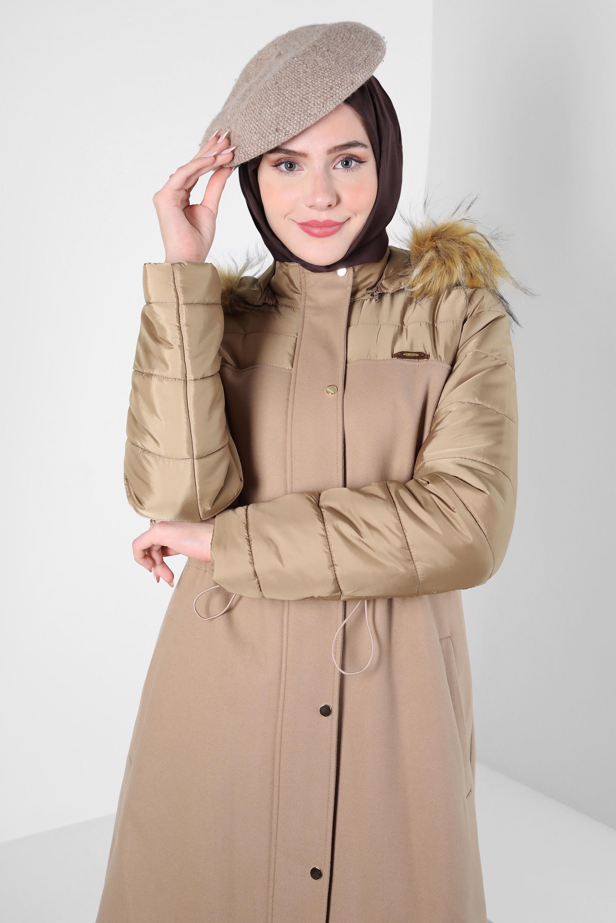 Tesettür giyim KAHVE KAPÜŞONLU KABAN 90244