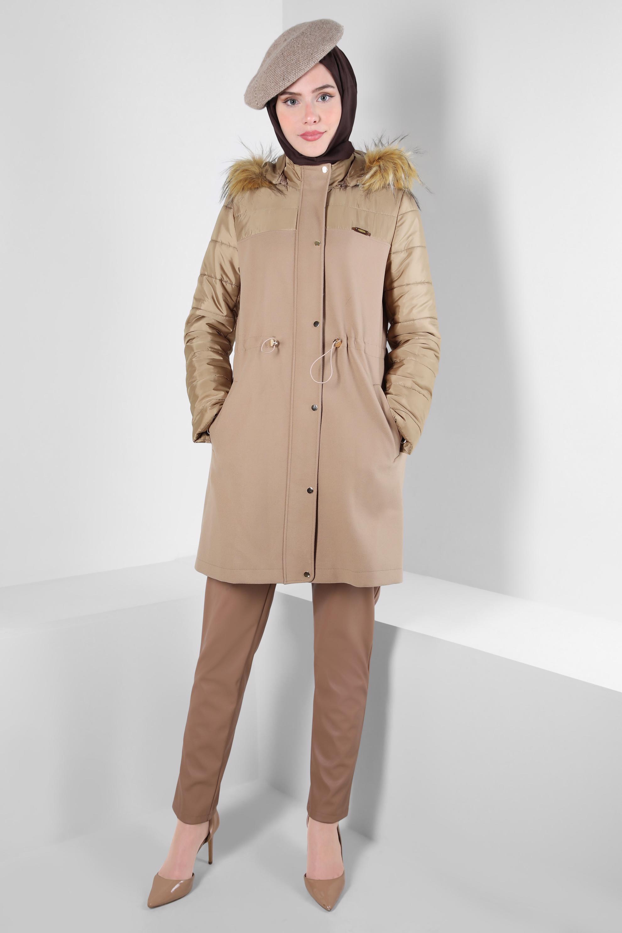 Tesettür giyim KAHVE KAPÜŞONLU KABAN 90244