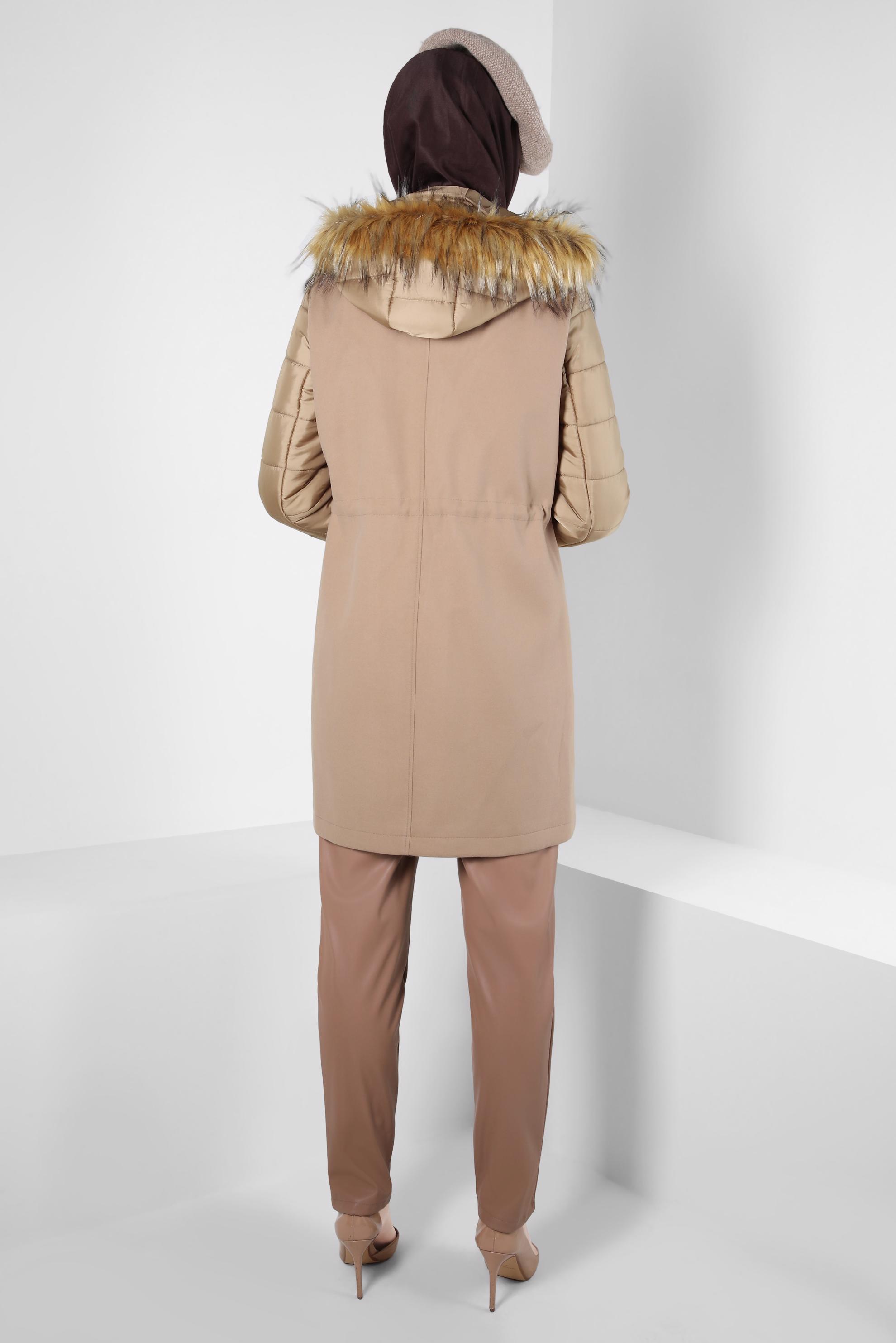 Tesettür giyim KAHVE KAPÜŞONLU KABAN 90244