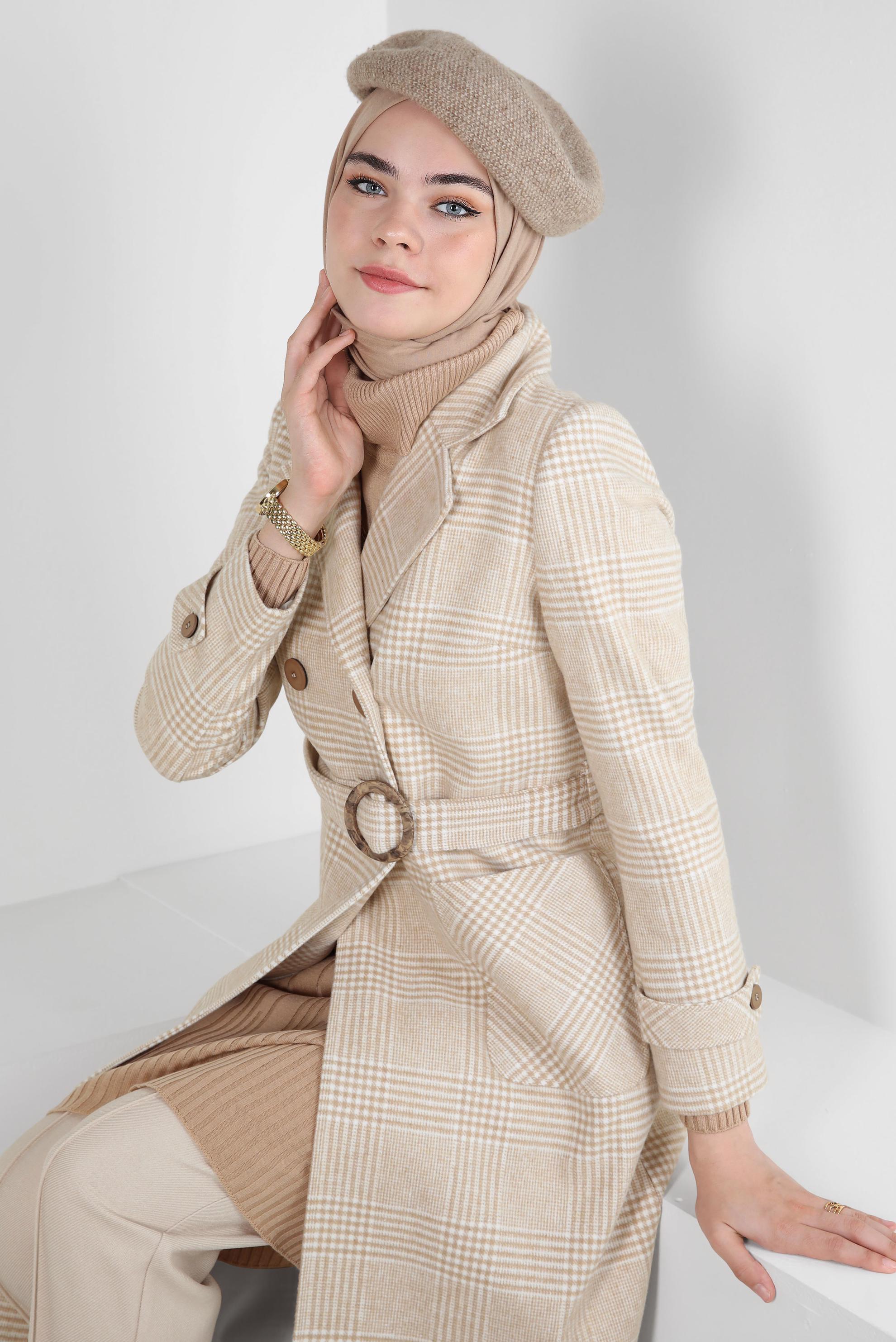 Tesettür giyim KAHVE KEMERLİ EKOSE DESENLİ KABAN 90346