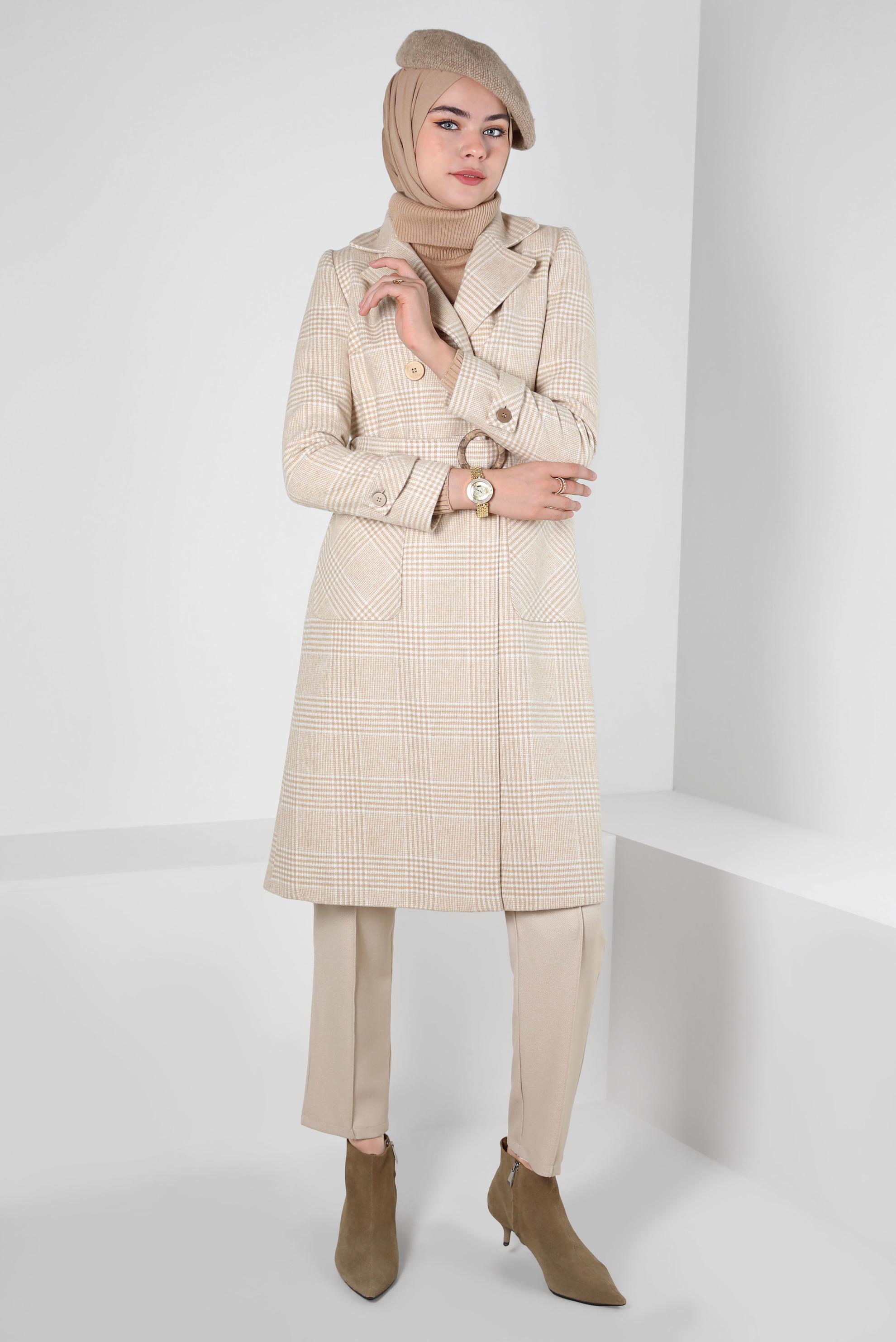 Tesettür giyim KAHVE KEMERLİ EKOSE DESENLİ KABAN 90346