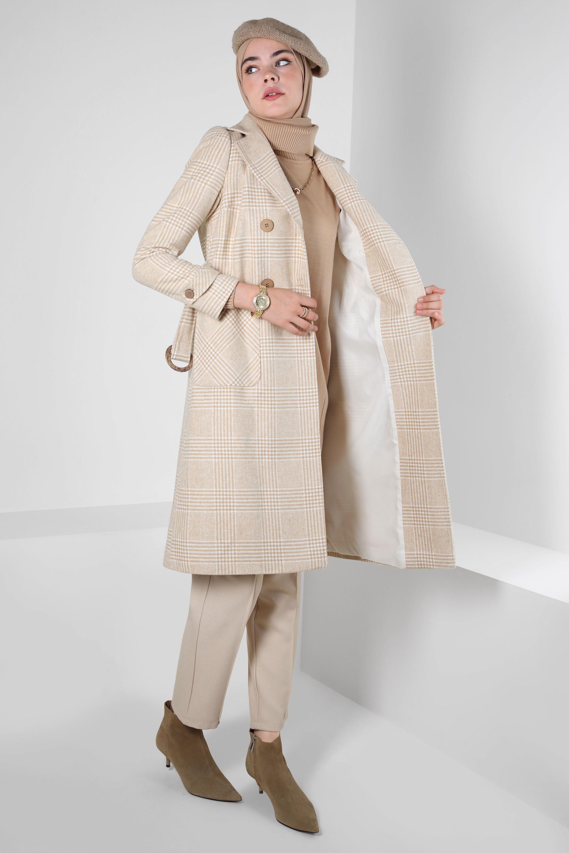 Tesettür giyim KAHVE KEMERLİ EKOSE DESENLİ KABAN 90346