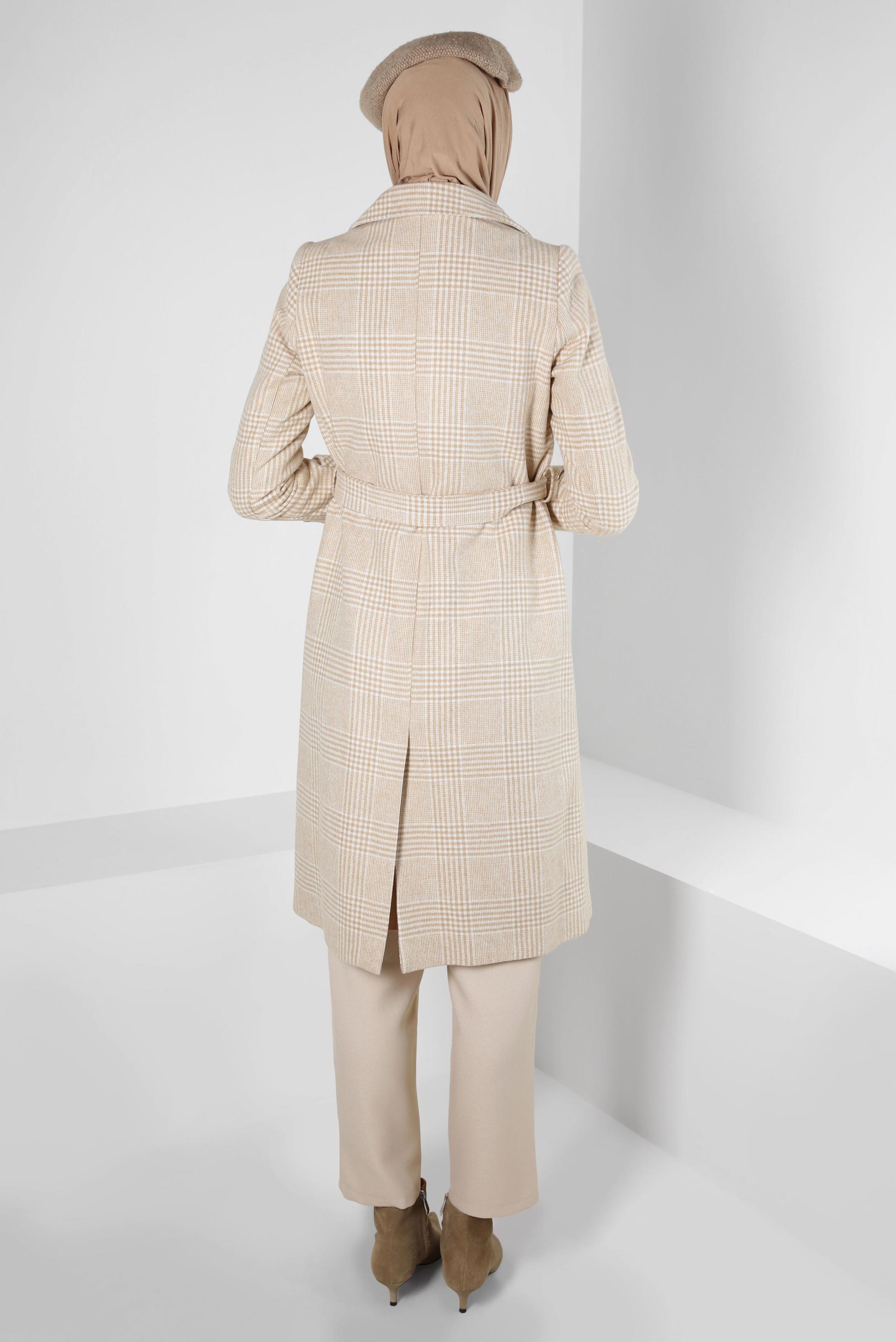 Tesettür giyim KAHVE KEMERLİ EKOSE DESENLİ KABAN 90346