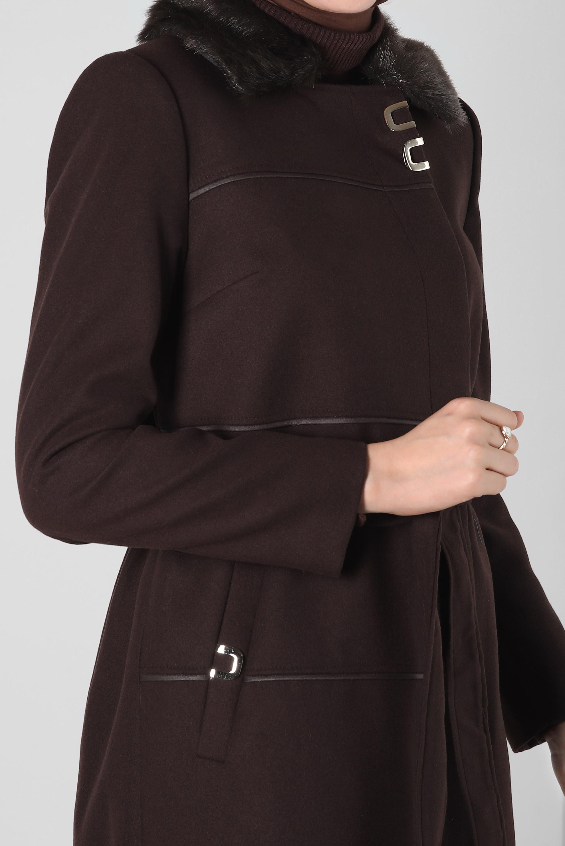 Tesettür giyim KAHVE YAKASI KÜRKLÜ KABAN 90402