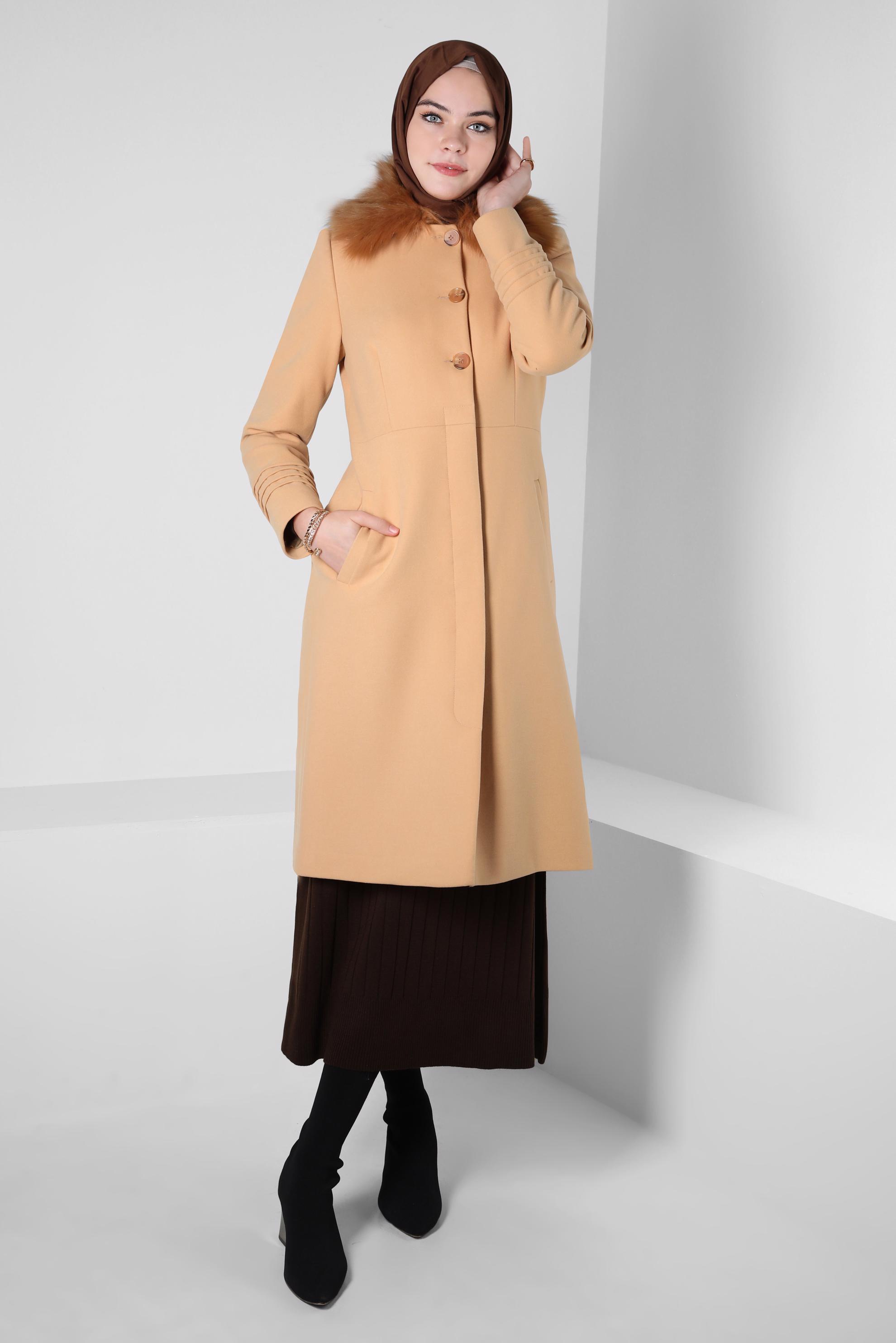 Tesettür giyim KAHVE KÜRK DETAYLI KABAN 90403