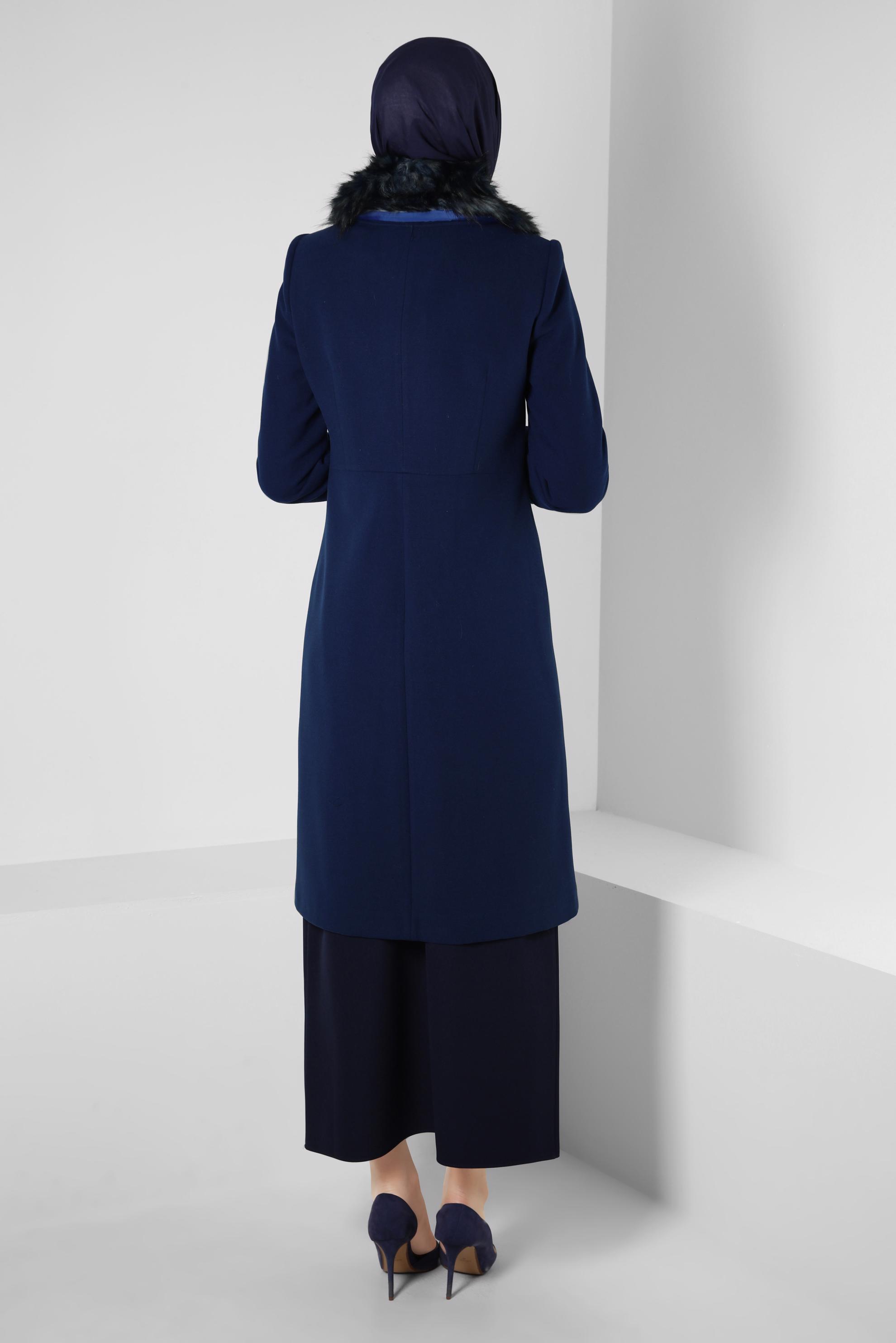 Tesettür giyim MAVİ KÜRK DETAYLI KABAN 90403