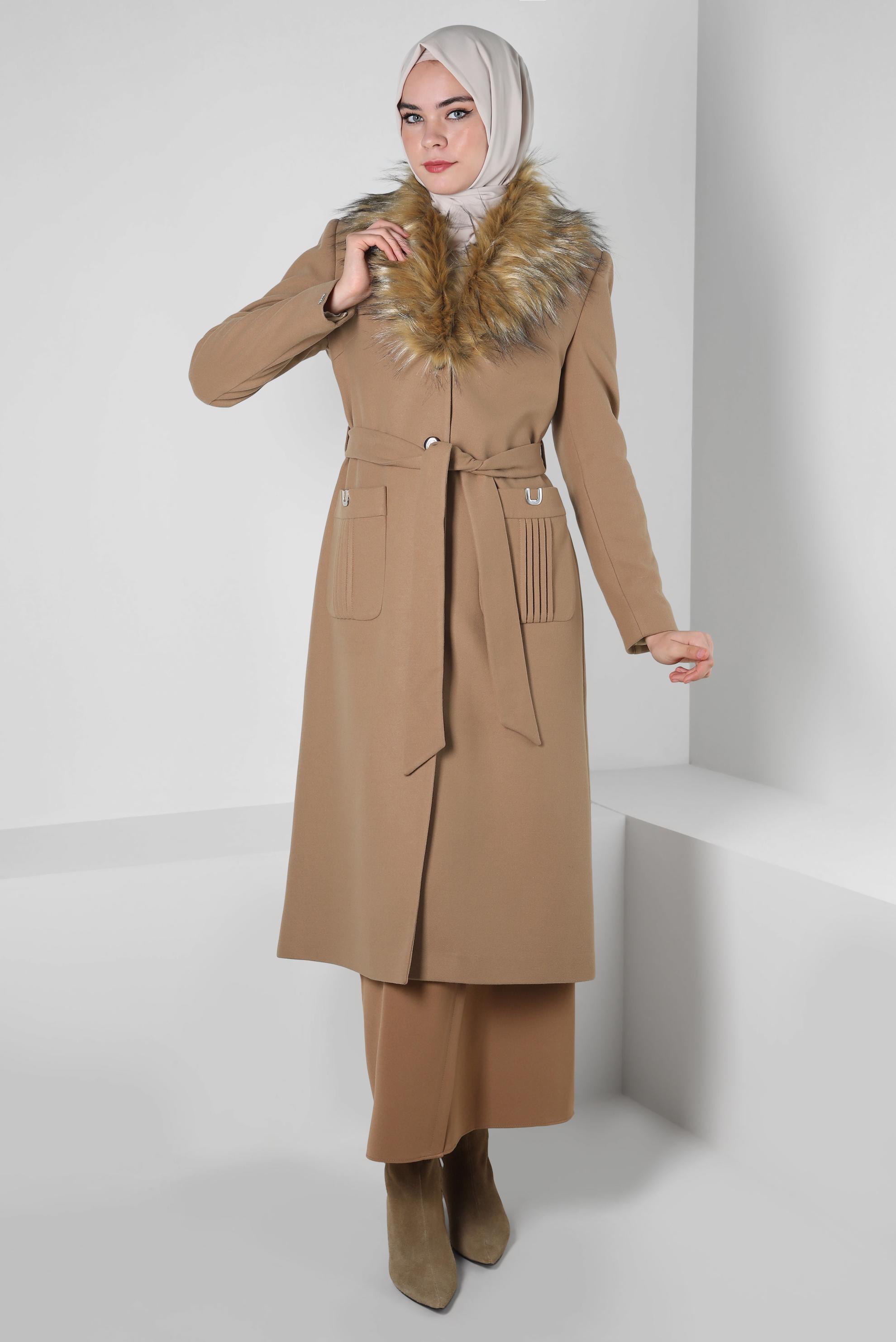 Tesettür giyim TABA KÜRK DETAYLI KABAN 90405