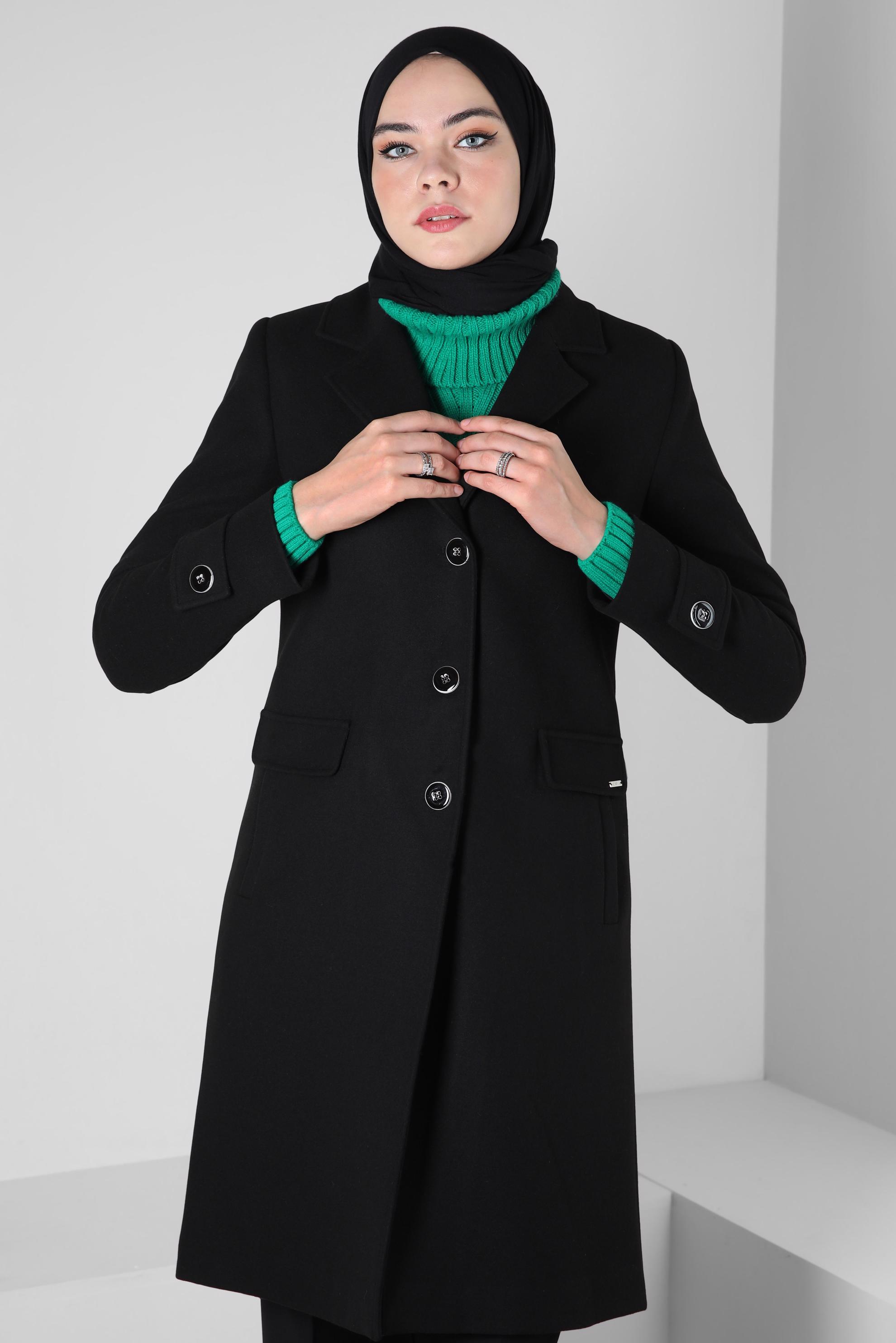 Tesettür giyim SİYAH KRUVAZE YAKA KABAN 90409
