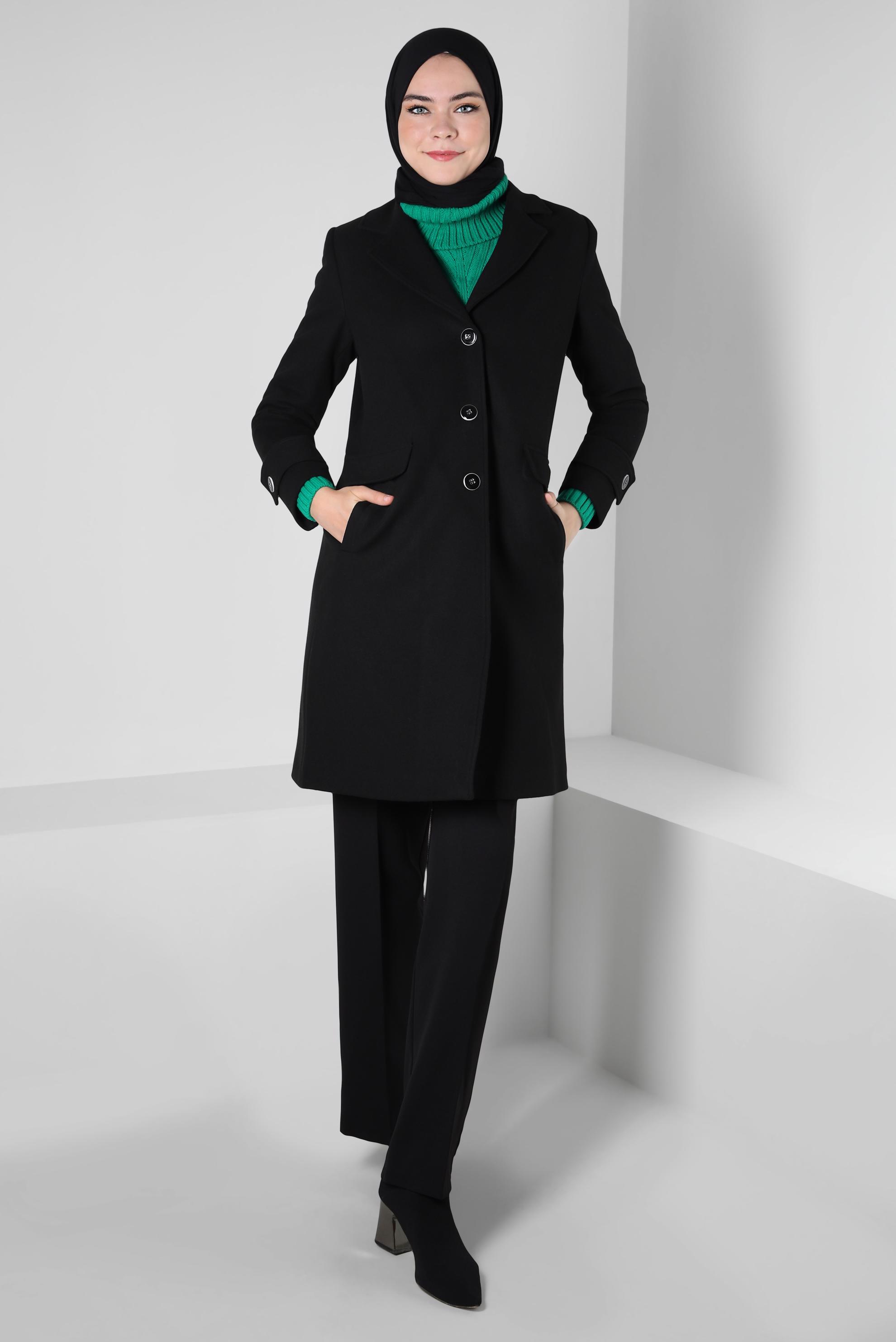 Tesettür giyim SİYAH KRUVAZE YAKA KABAN 90409