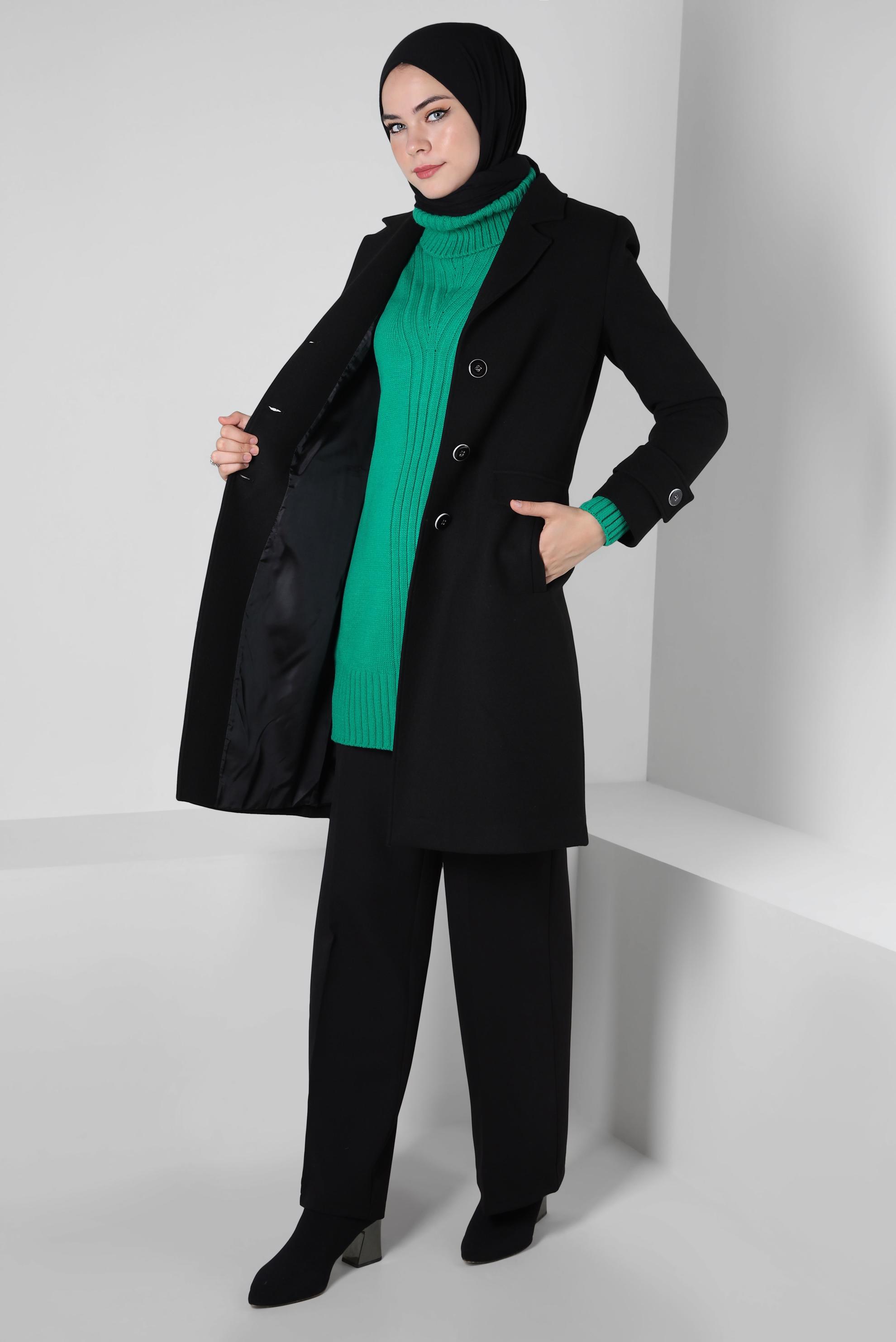 Tesettür giyim SİYAH KRUVAZE YAKA KABAN 90409