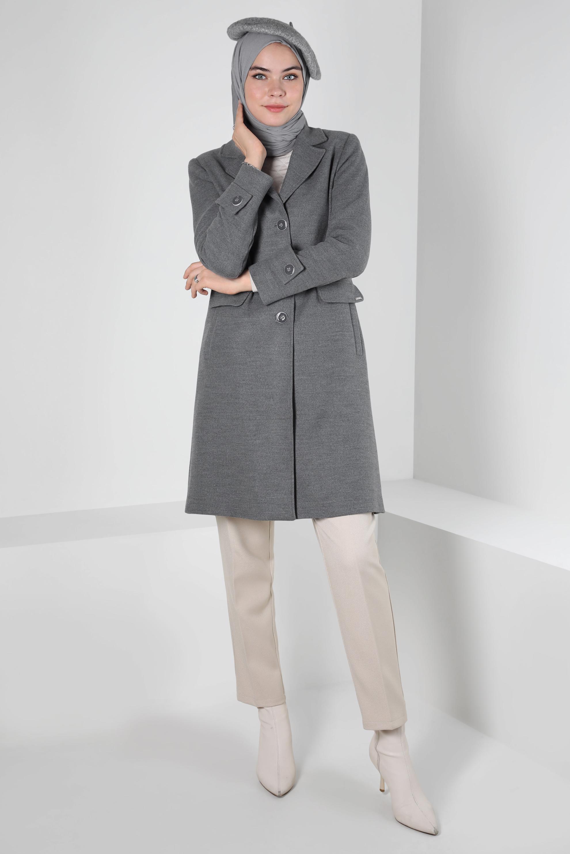 Tesettür giyim GRİ KRUVAZE YAKA KABAN 90409