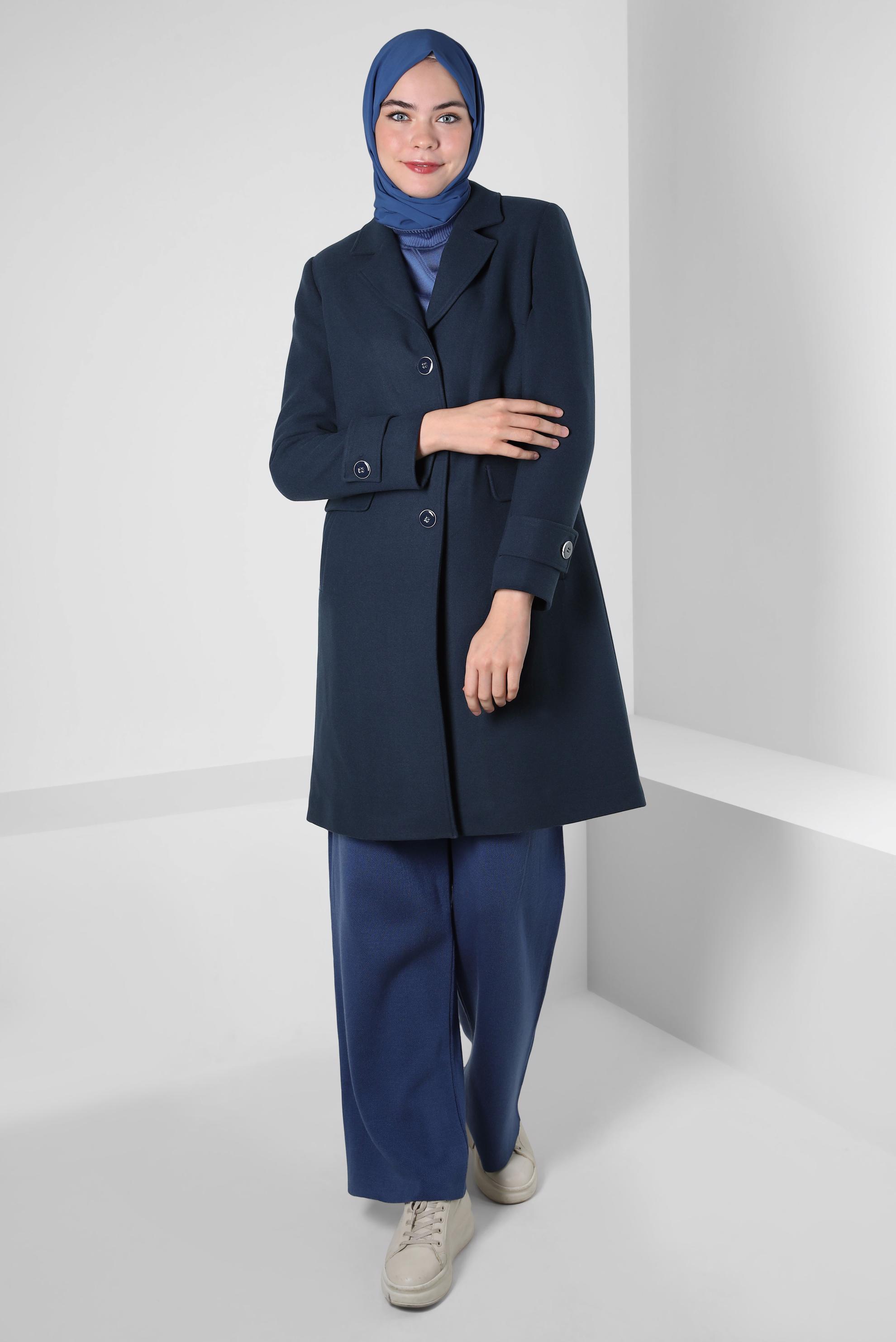 Tesettür giyim LACİVERT KRUVAZE YAKA KABAN 90409