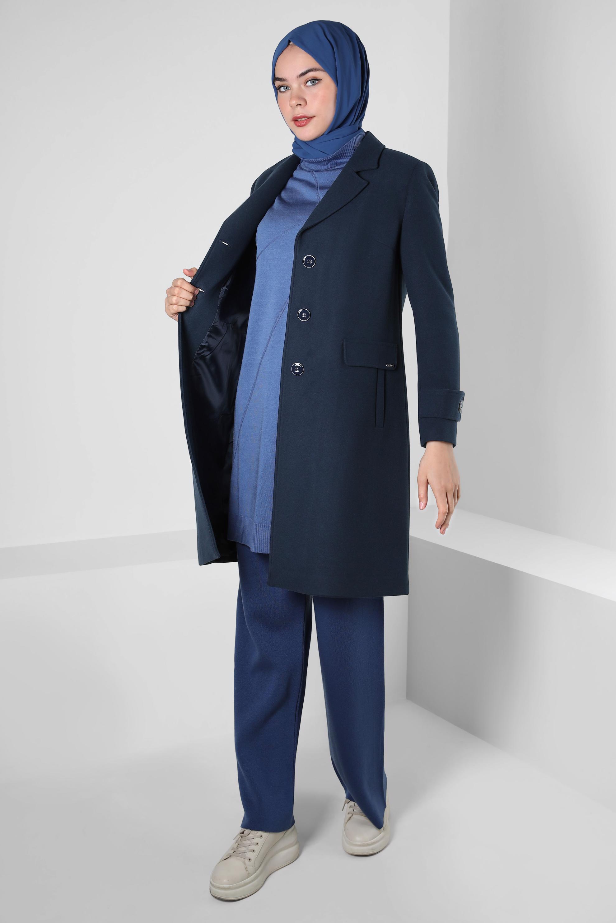 Tesettür giyim LACİVERT KRUVAZE YAKA KABAN 90409