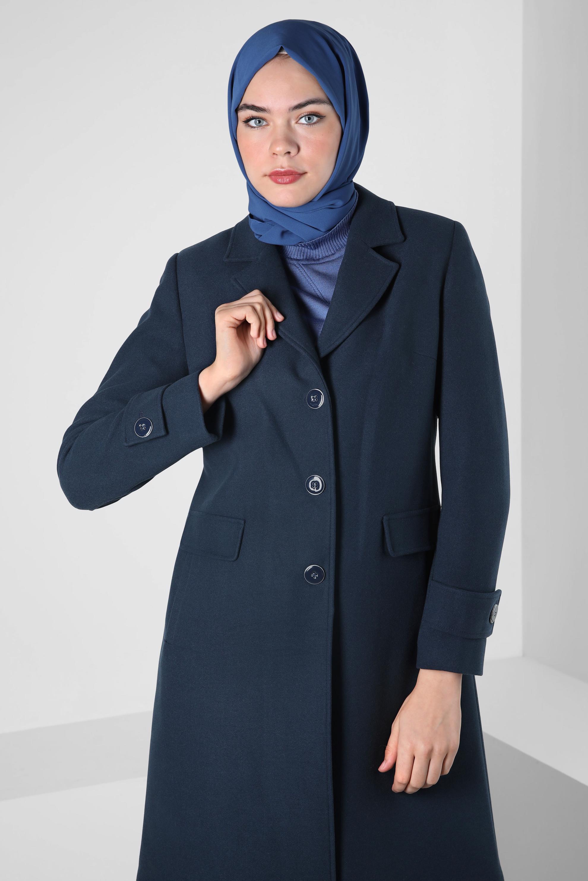 Tesettür giyim LACİVERT KRUVAZE YAKA KABAN 90409