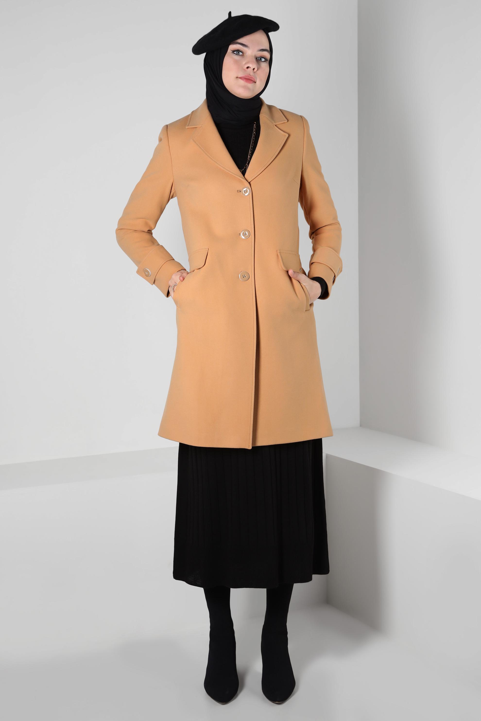 Tesettür giyim KAHVE KRUVAZE YAKA KABAN 90409