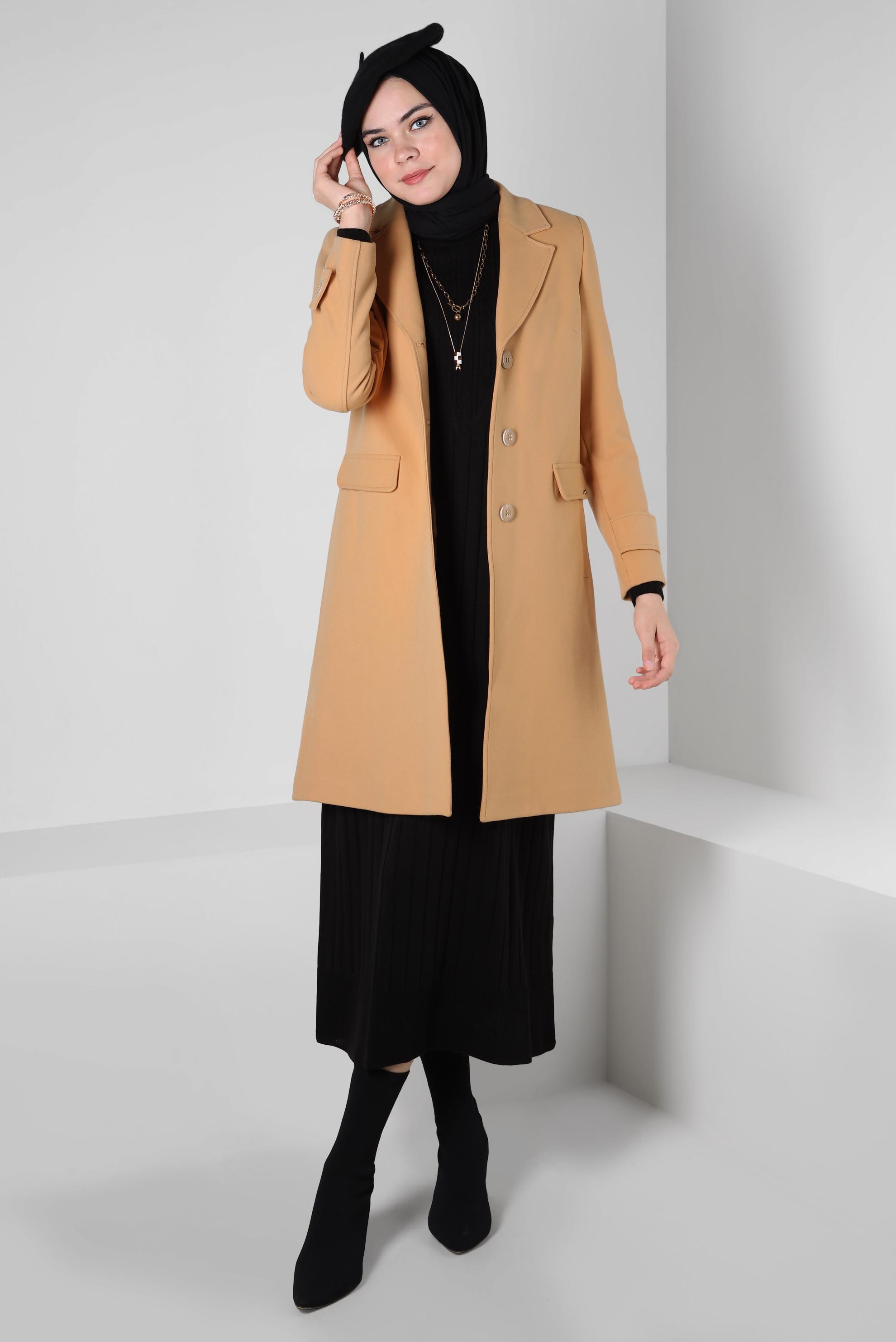 Tesettür giyim KAHVE KRUVAZE YAKA KABAN 90409