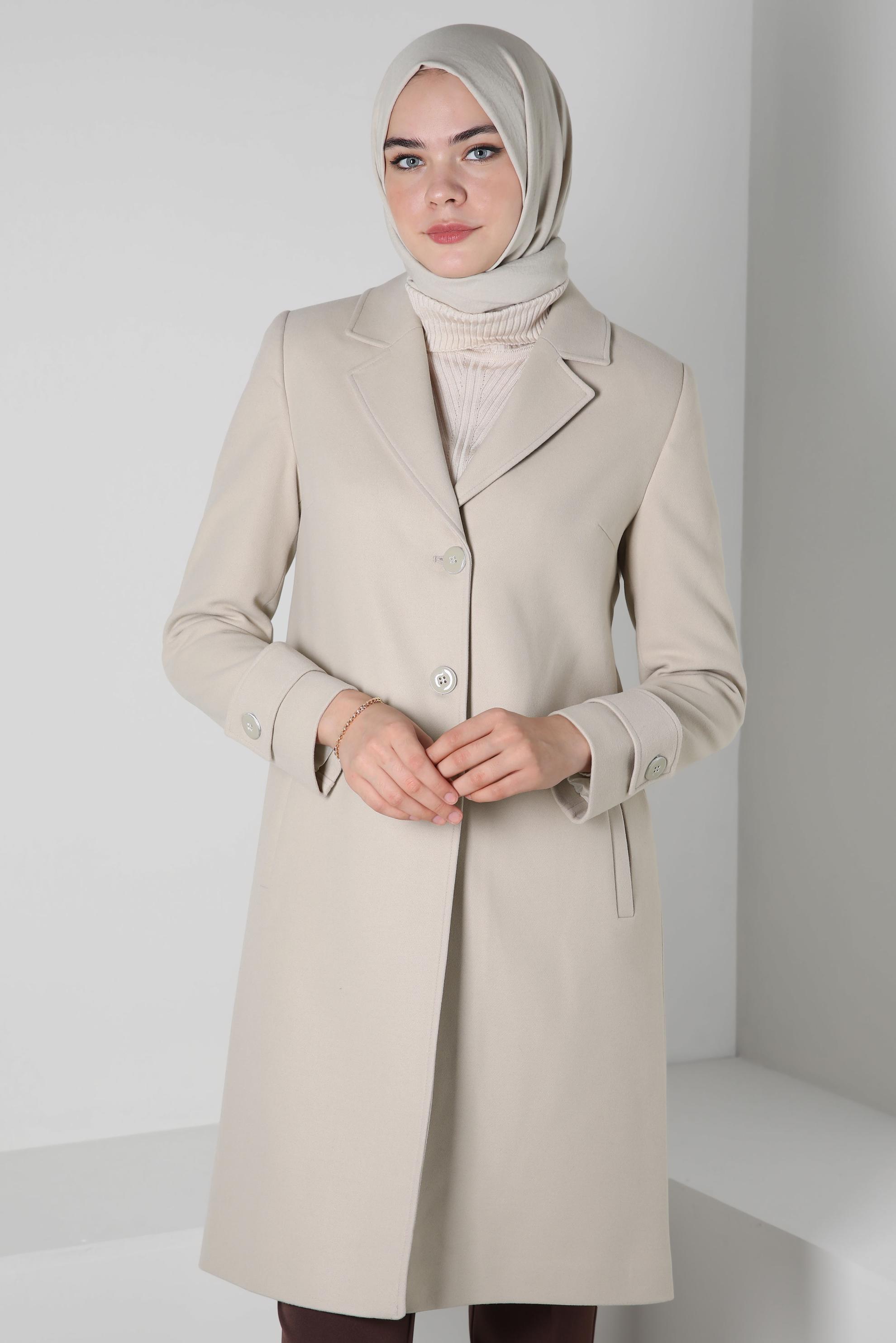 Tesettür giyim BEJ KRUVAZE YAKA KABAN 90409