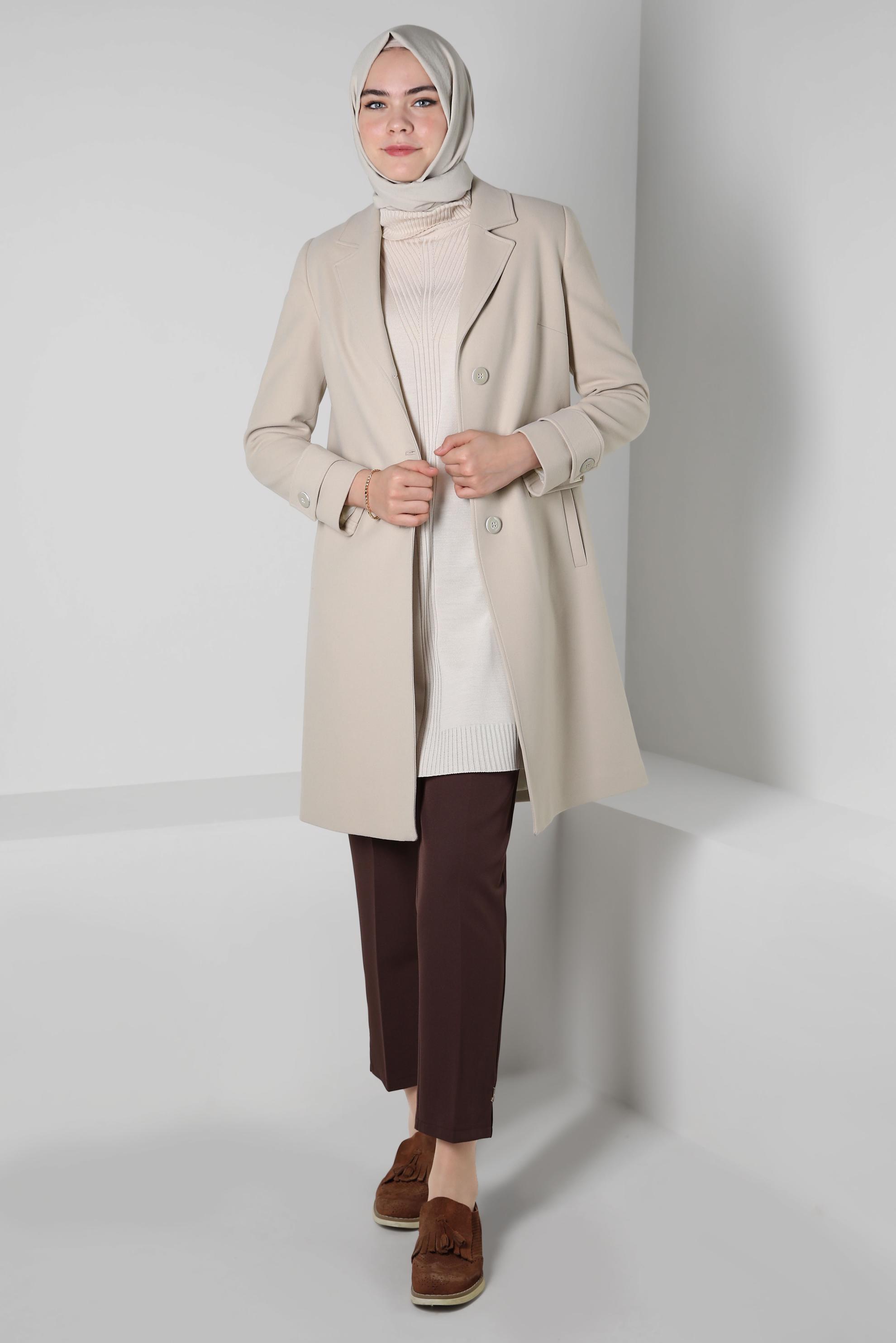 Tesettür giyim BEJ KRUVAZE YAKA KABAN 90409