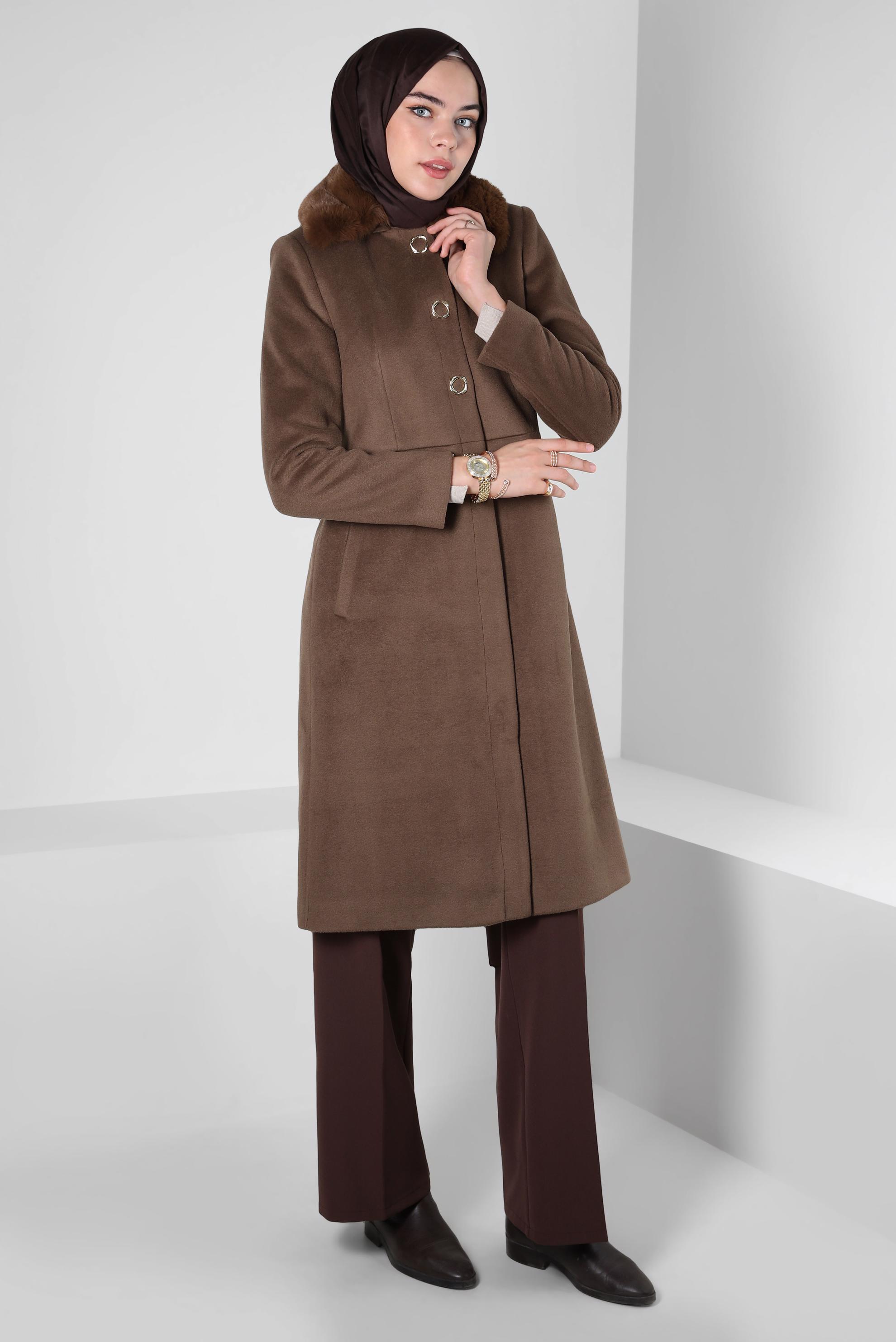 Tesettür giyim KAHVE KÜRK DETAYLI KABAN 90410
