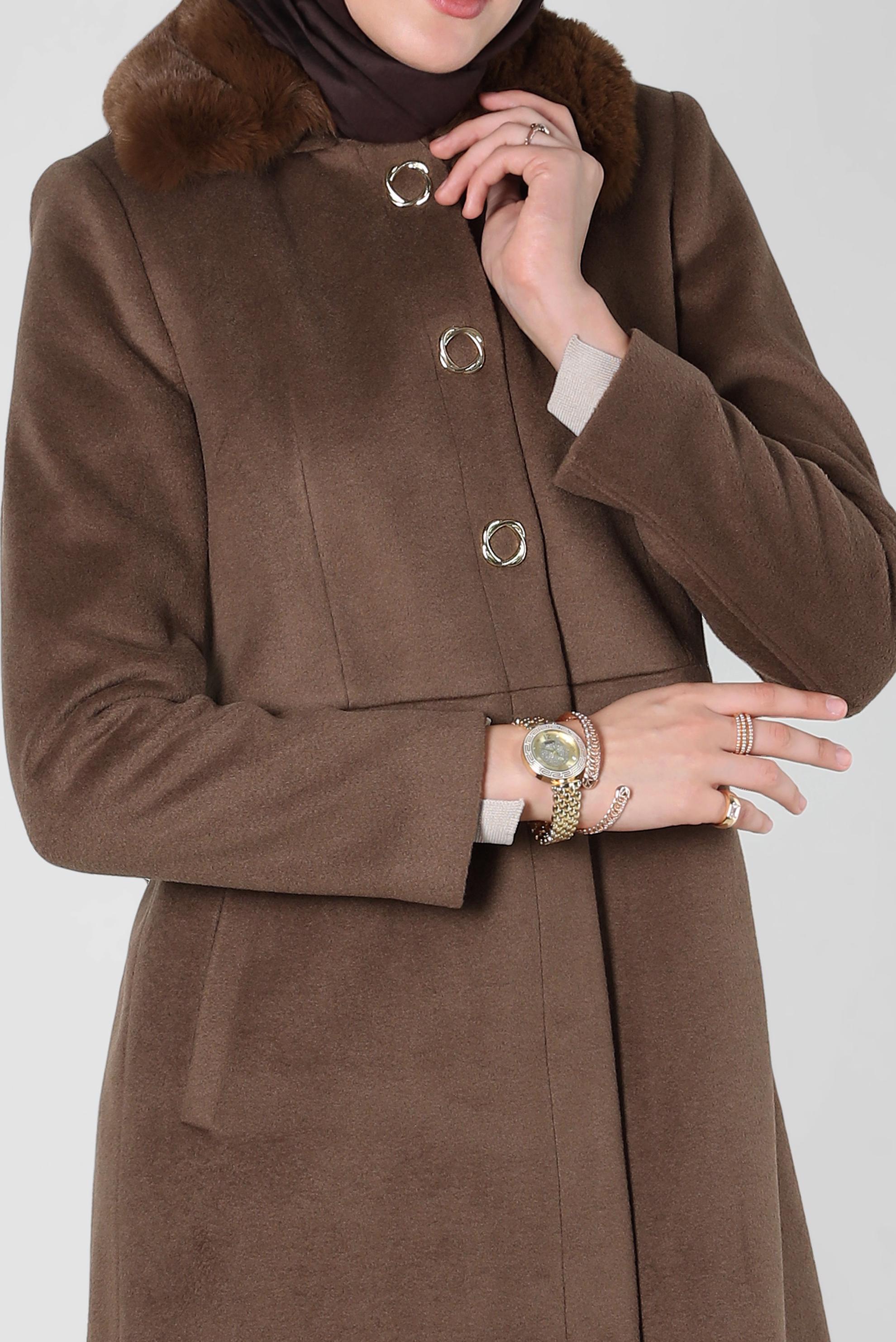 Tesettür giyim KAHVE KÜRK DETAYLI KABAN 90410