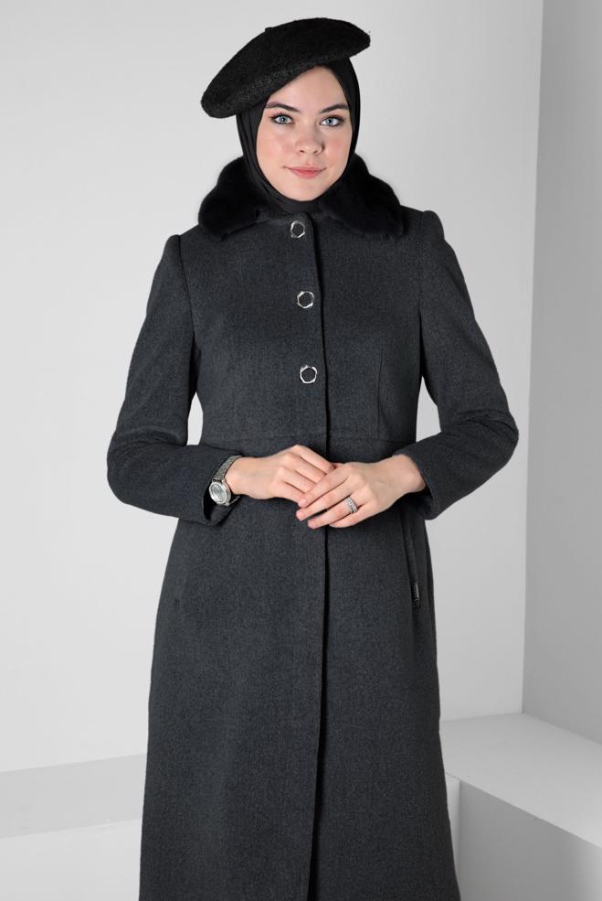 Hijab clothing GREY COAT WITH FUR DETAIL 90410 - ALVİNA