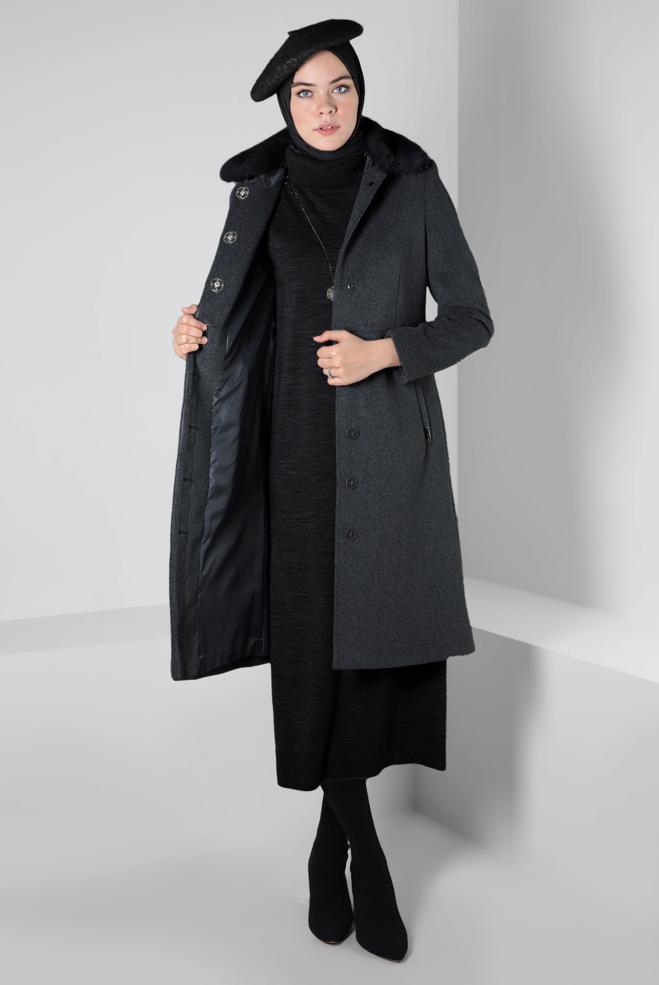 Hijab clothing GREY COAT WITH FUR DETAIL 90410 - ALVİNA