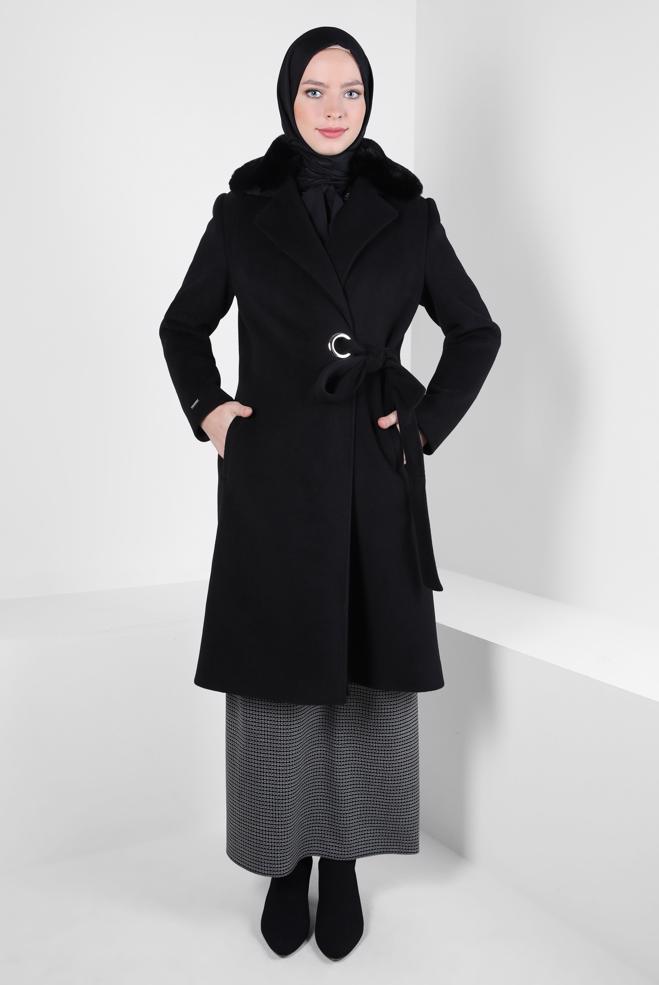 Tesettür giyim SİYAH KUŞAKLI KABAN 90411 - ALVİNA