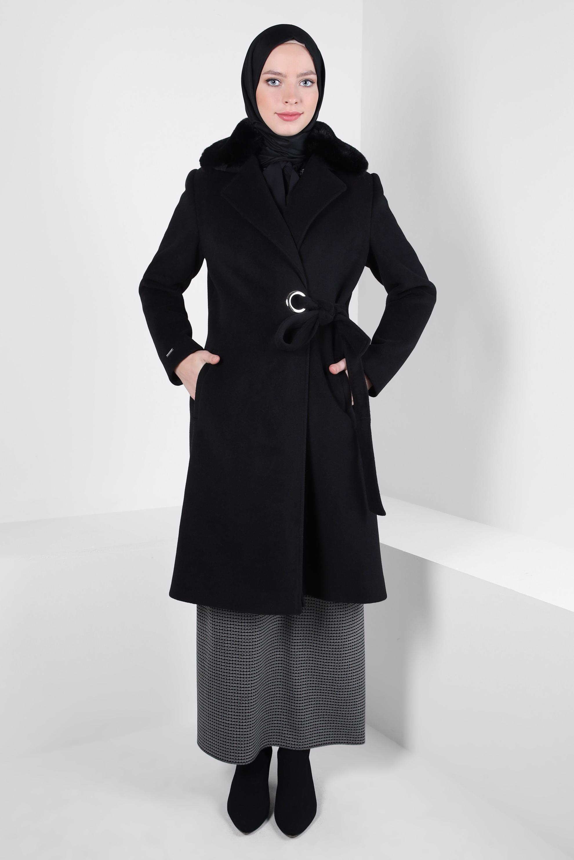 Tesettür giyim SİYAH KUŞAKLI KABAN 90411