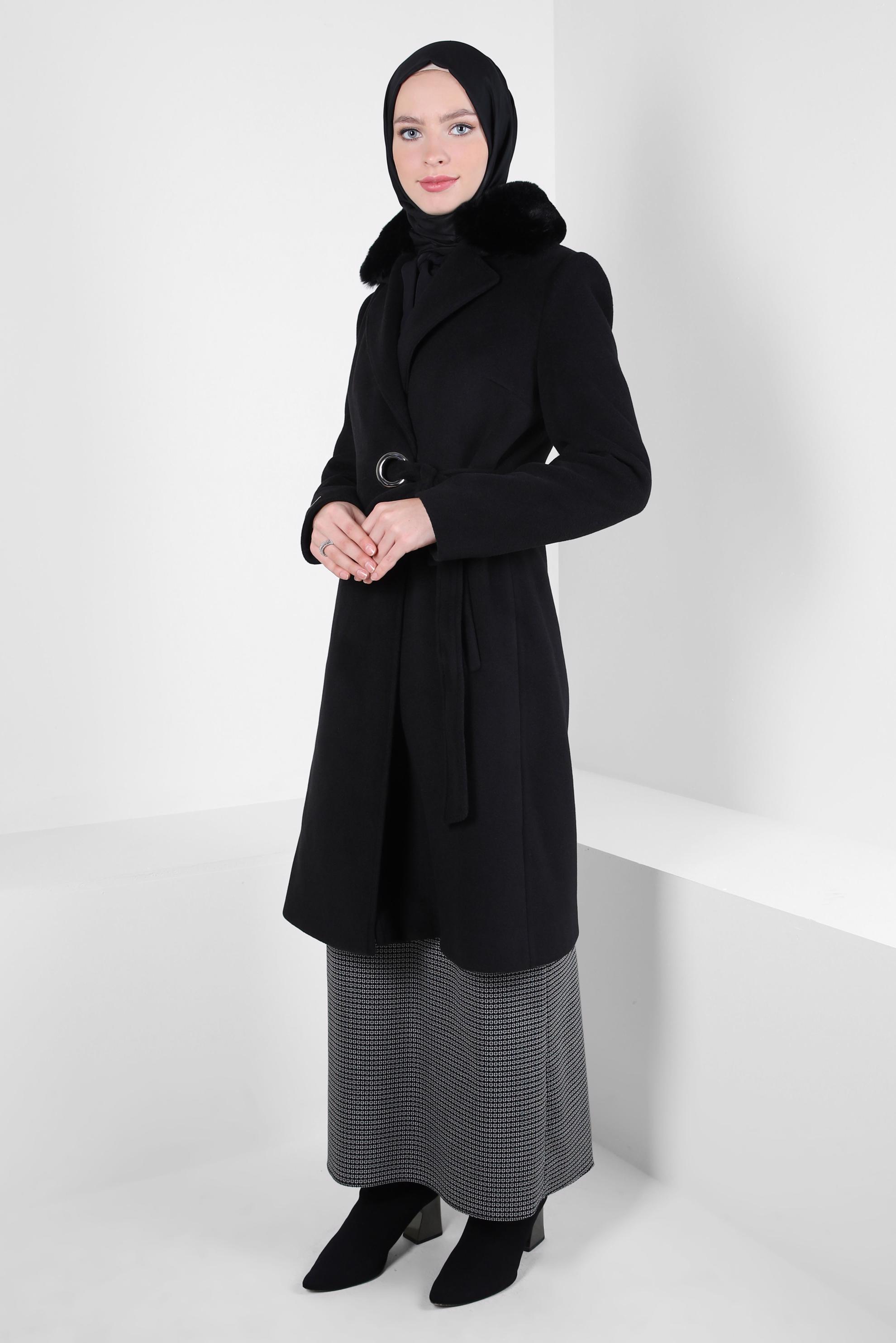 Tesettür giyim SİYAH KUŞAKLI KABAN 90411