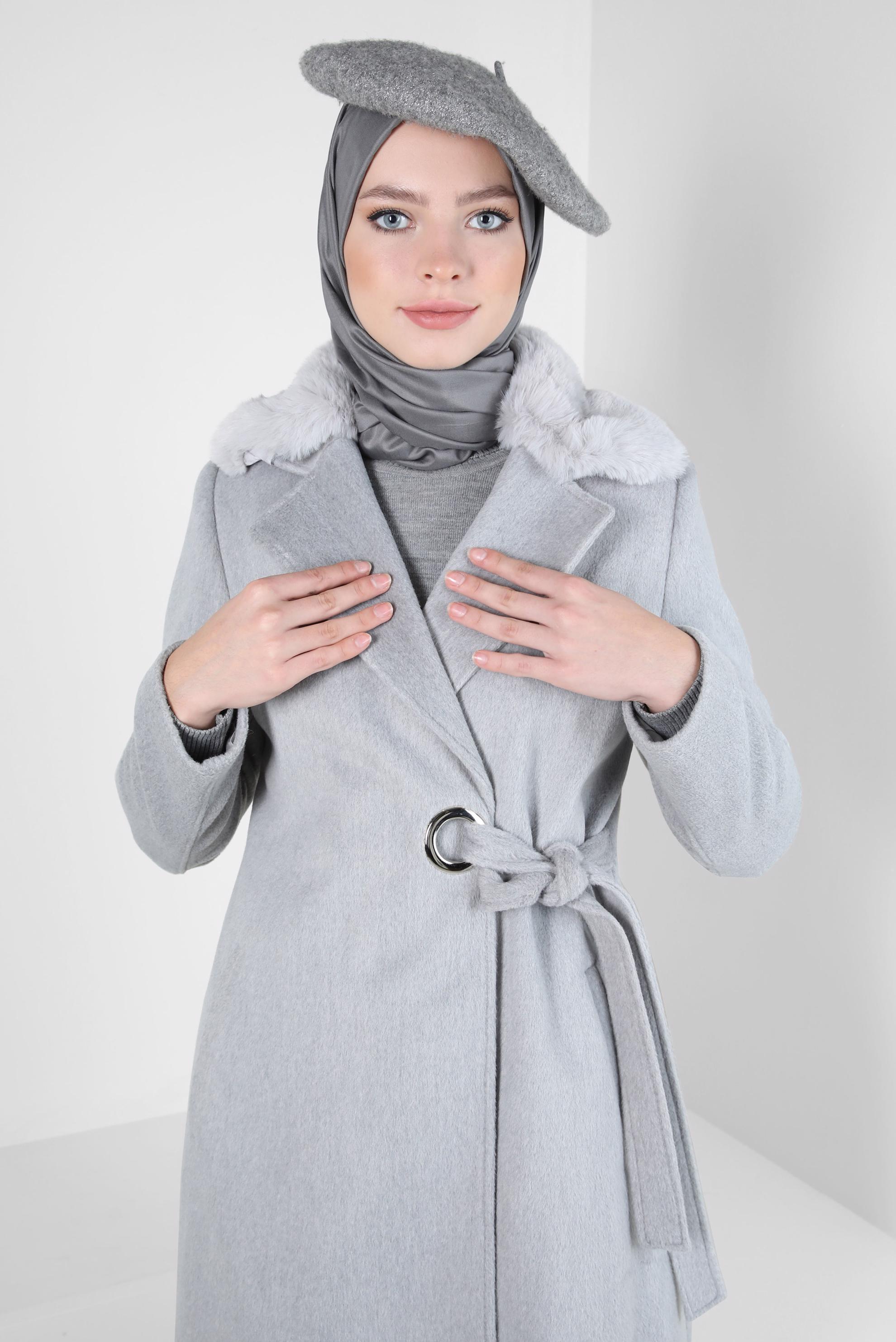 Tesettür giyim GRİ KUŞAKLI KABAN 90411