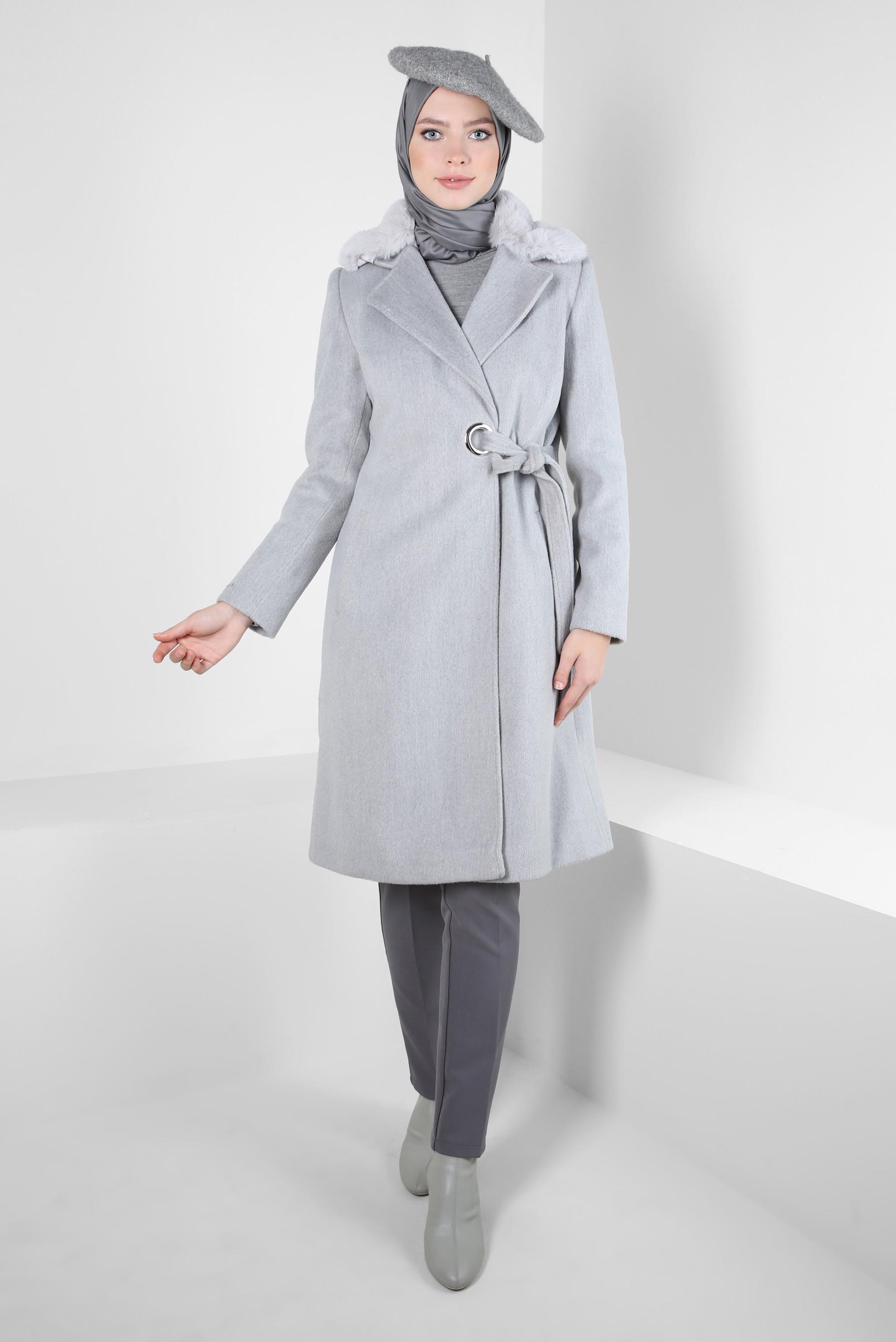Tesettür giyim GRİ KUŞAKLI KABAN 90411