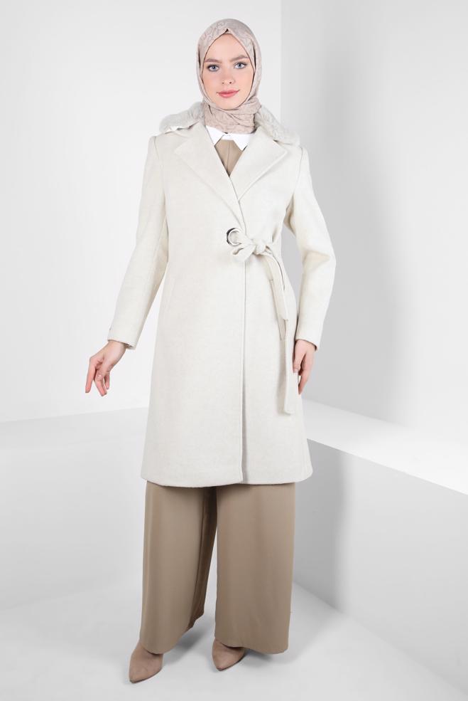 Tesettür giyim EKRU KUŞAKLI KABAN 90411 - ALVİNA
