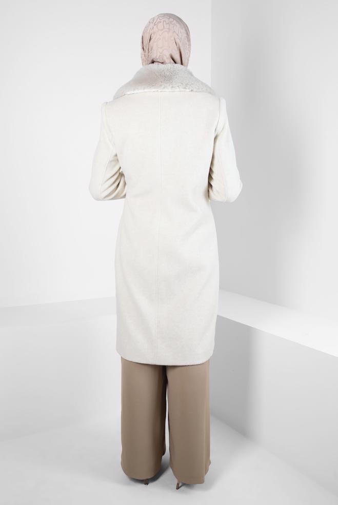 Tesettür giyim EKRU KUŞAKLI KABAN 90411 - ALVİNA