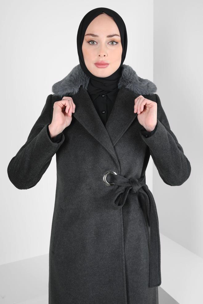 Tesettür giyim GRİ KUŞAKLI KABAN 90411 - ALVİNA
