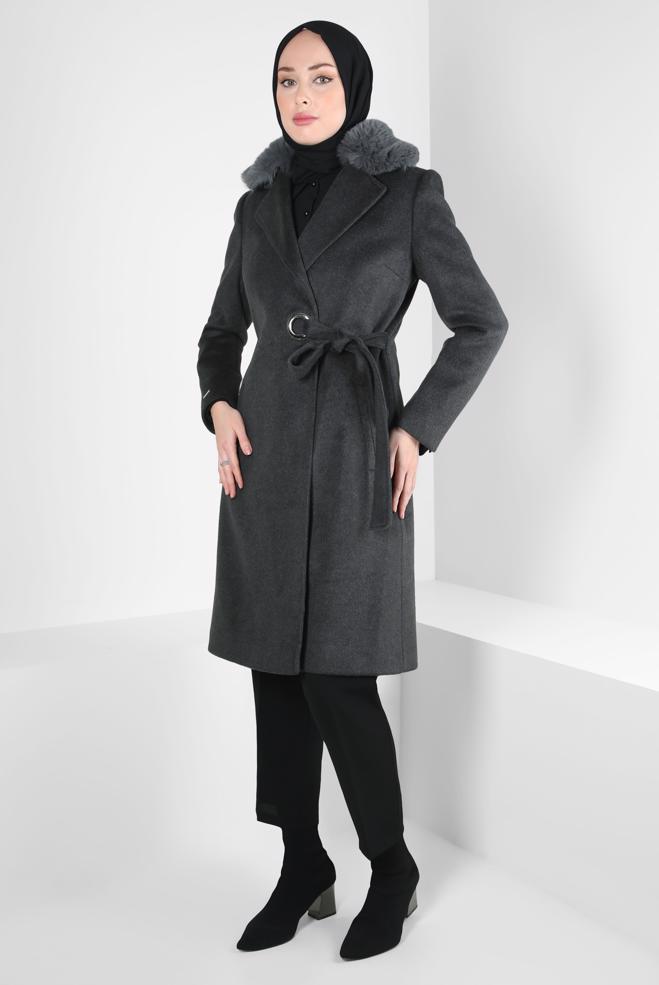 Tesettür giyim GRİ KUŞAKLI KABAN 90411 - ALVİNA