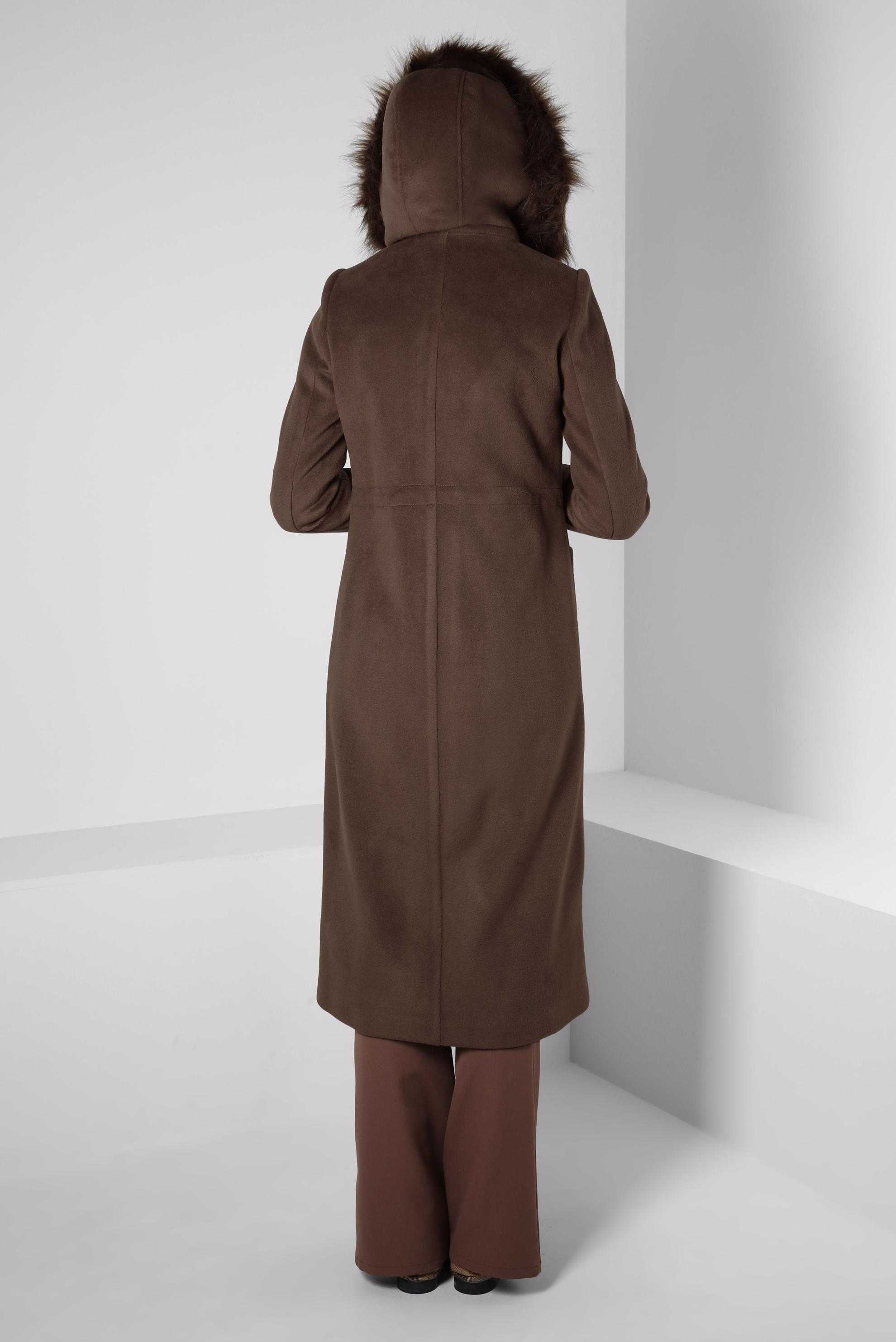 Tesettür giyim KAHVE KAPÜŞONU KÜRKLÜ KABAN 90412