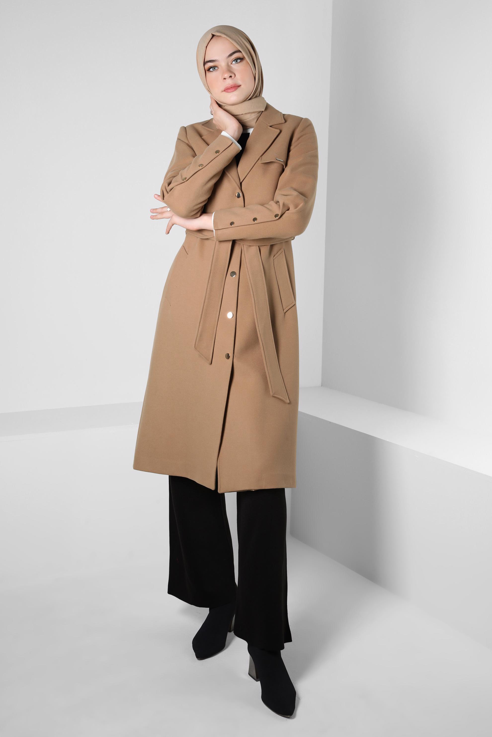 Tesettür giyim TABA KUŞAKLI KABAN 90413