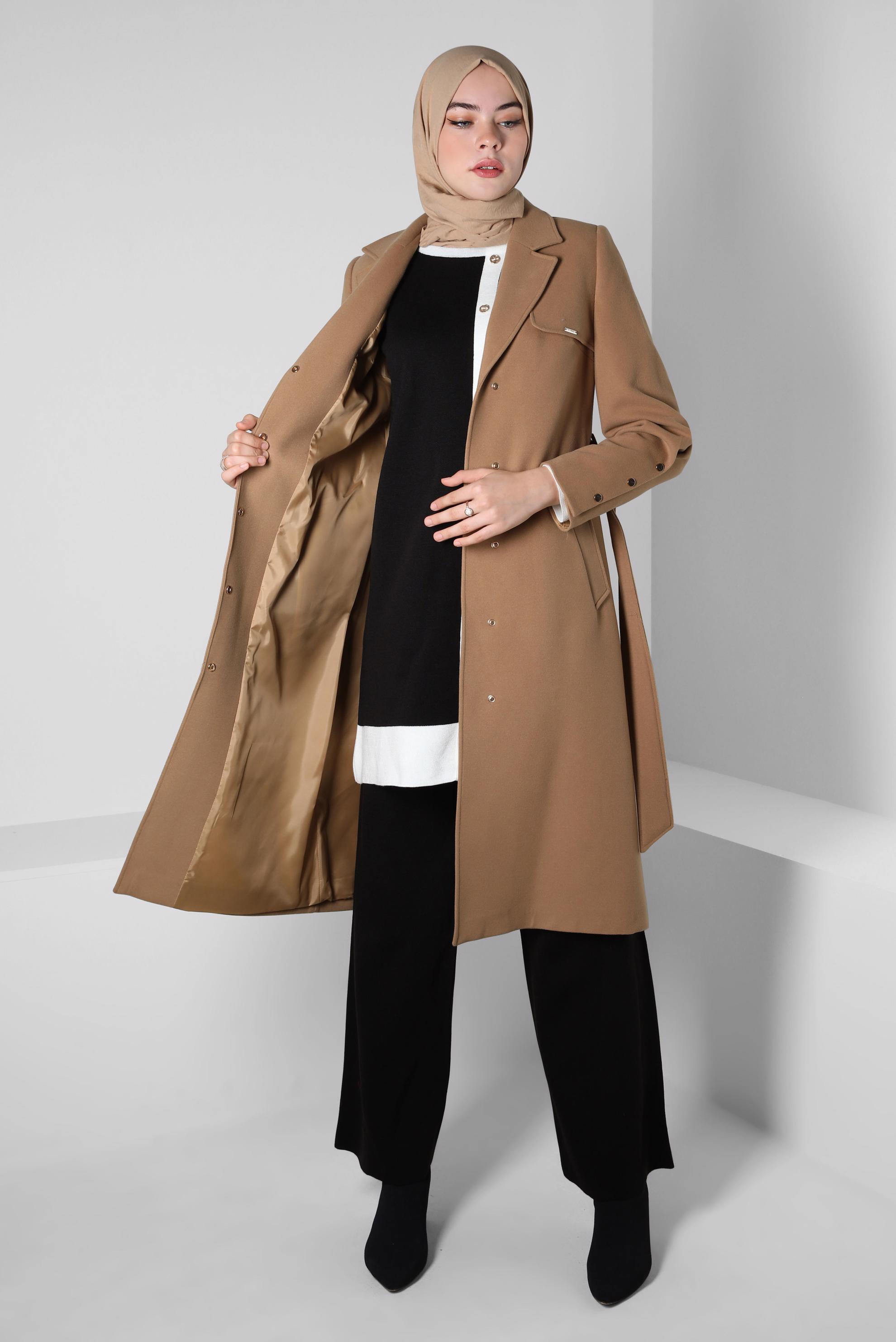 Tesettür giyim TABA KUŞAKLI KABAN 90413